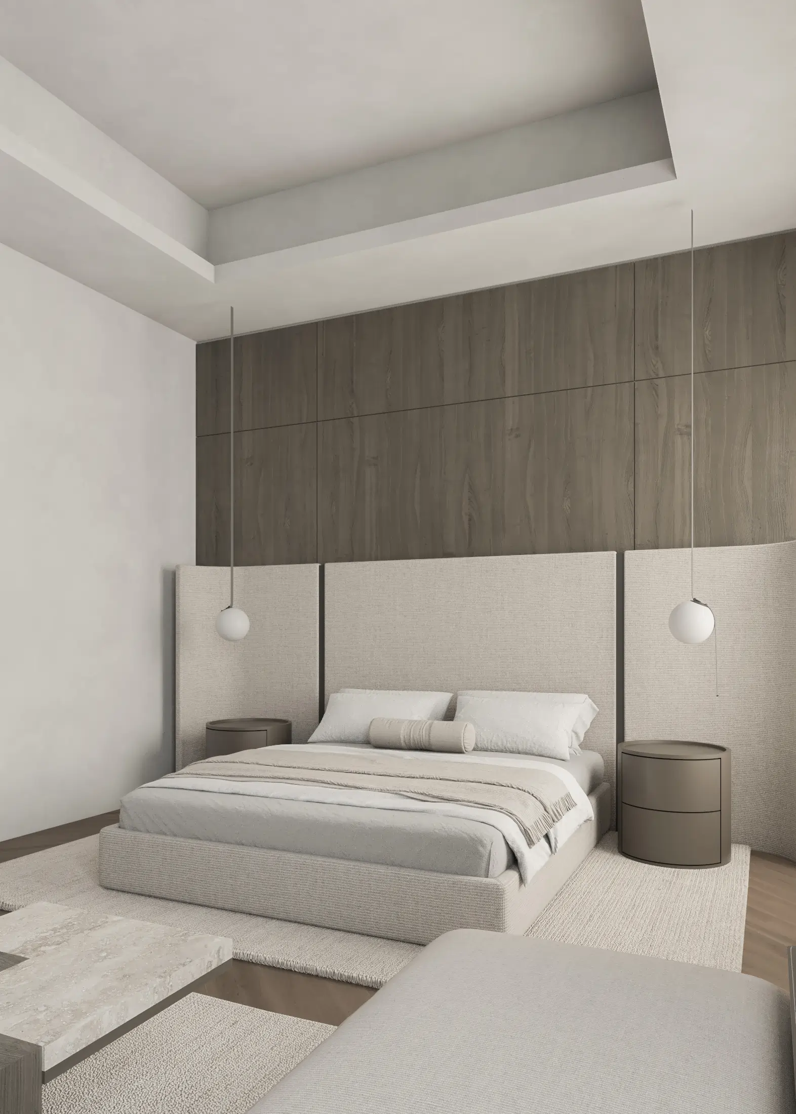 Second view of the pale upholstered bed set against the full-height dark timber headboard.