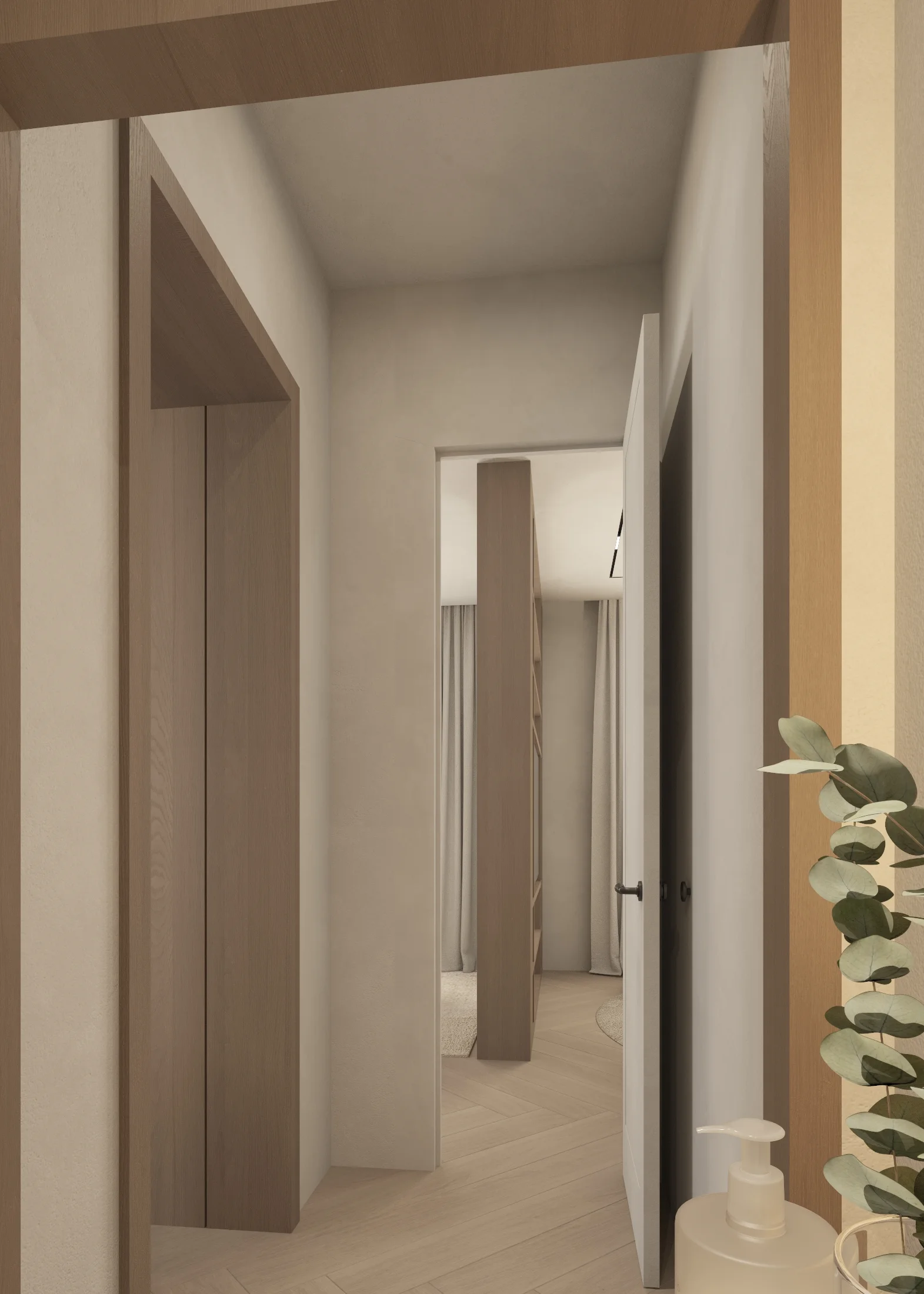 Private corridor with timber door frames, pale flooring and a view toward a bedroom suite.