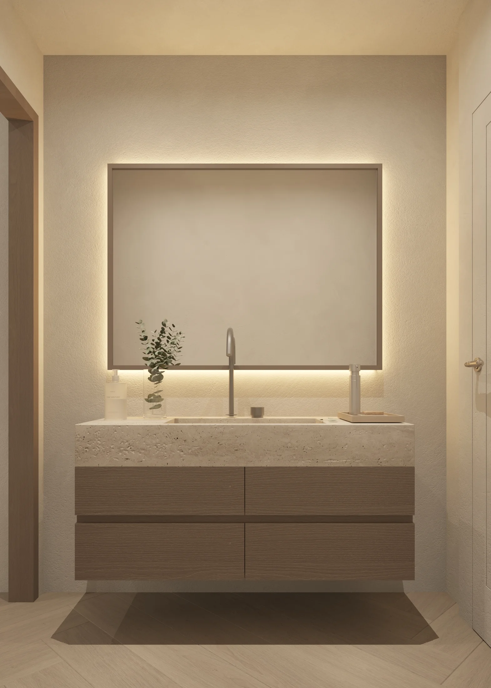 Floating two-drawer vanity beneath a large backlit mirror and textured wall finish.
