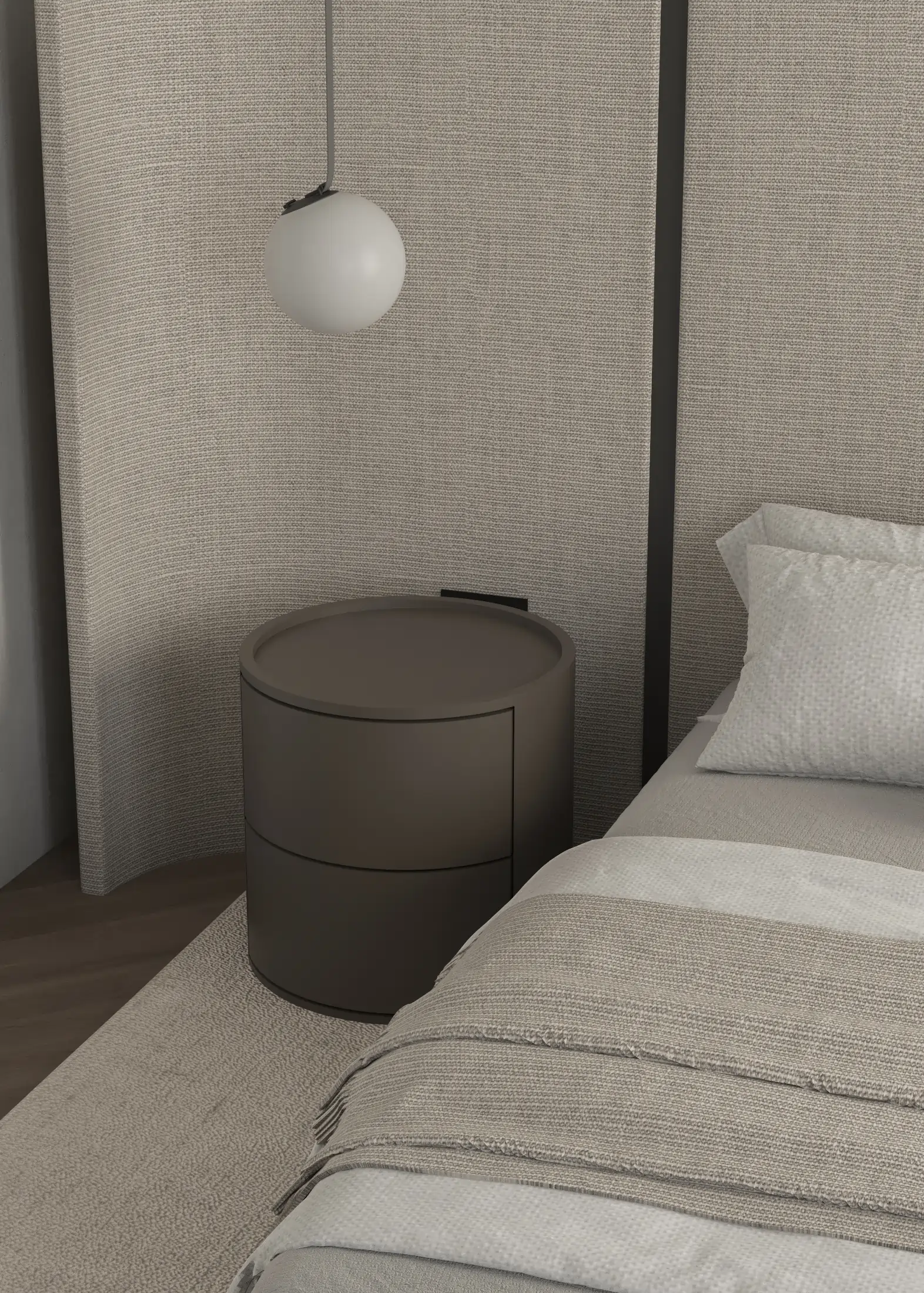 Spherical pendant above a rounded bedside table beside the dark timber headboard.