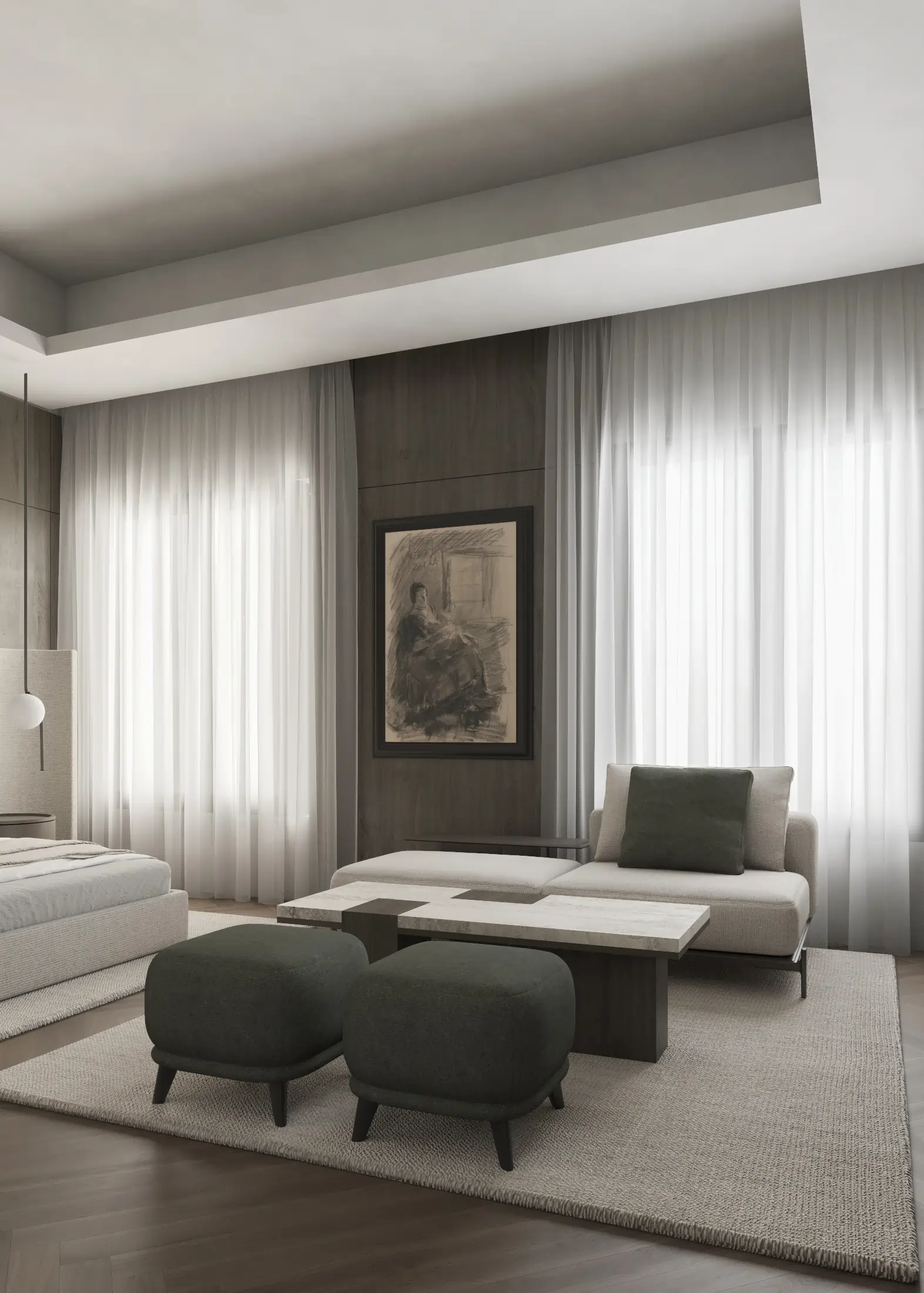 Window-side bedroom sitting area with an upholstered bench, two green stools and a low table.