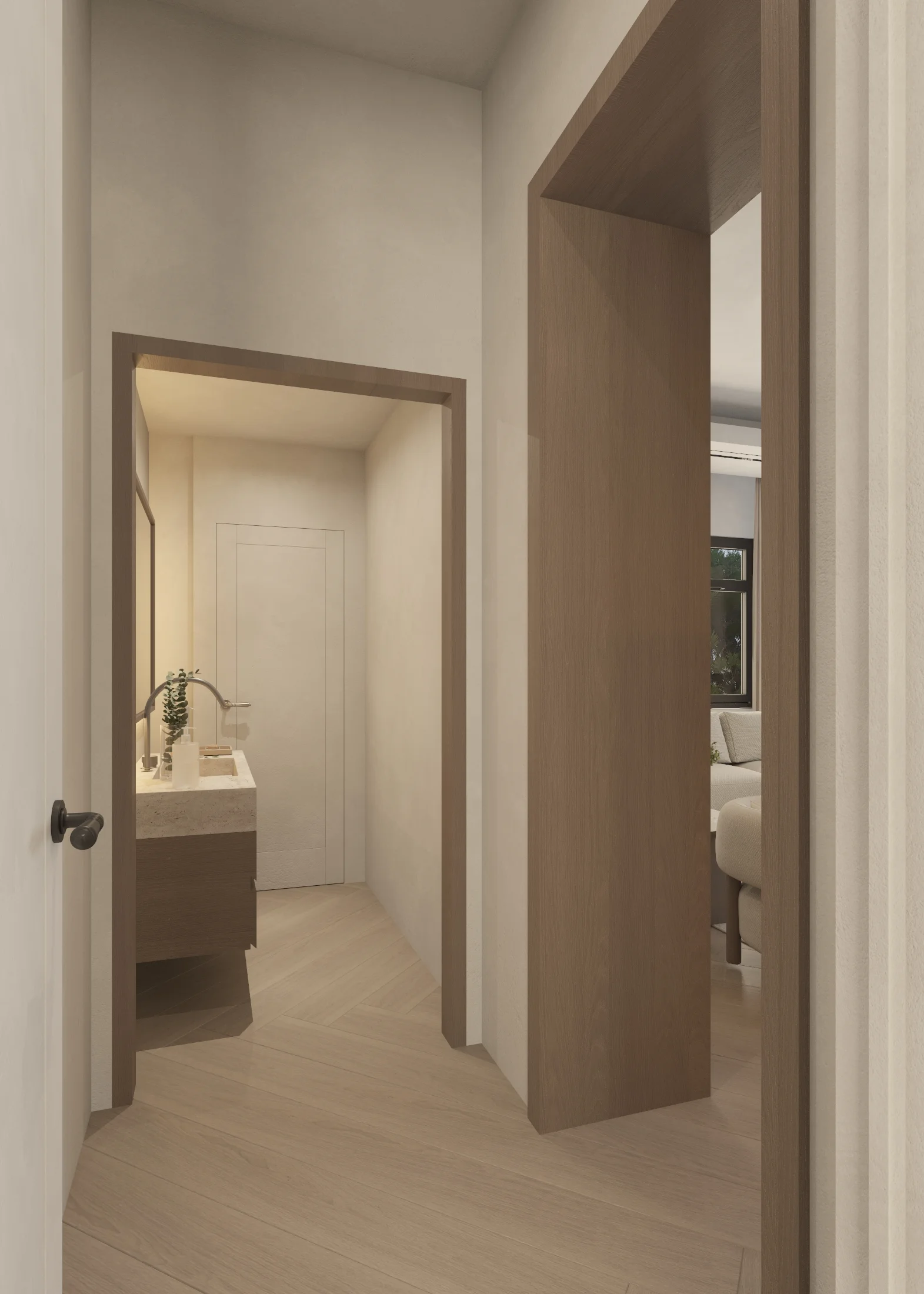 Timber-framed openings connecting a bedroom suite with its illuminated vanity area.