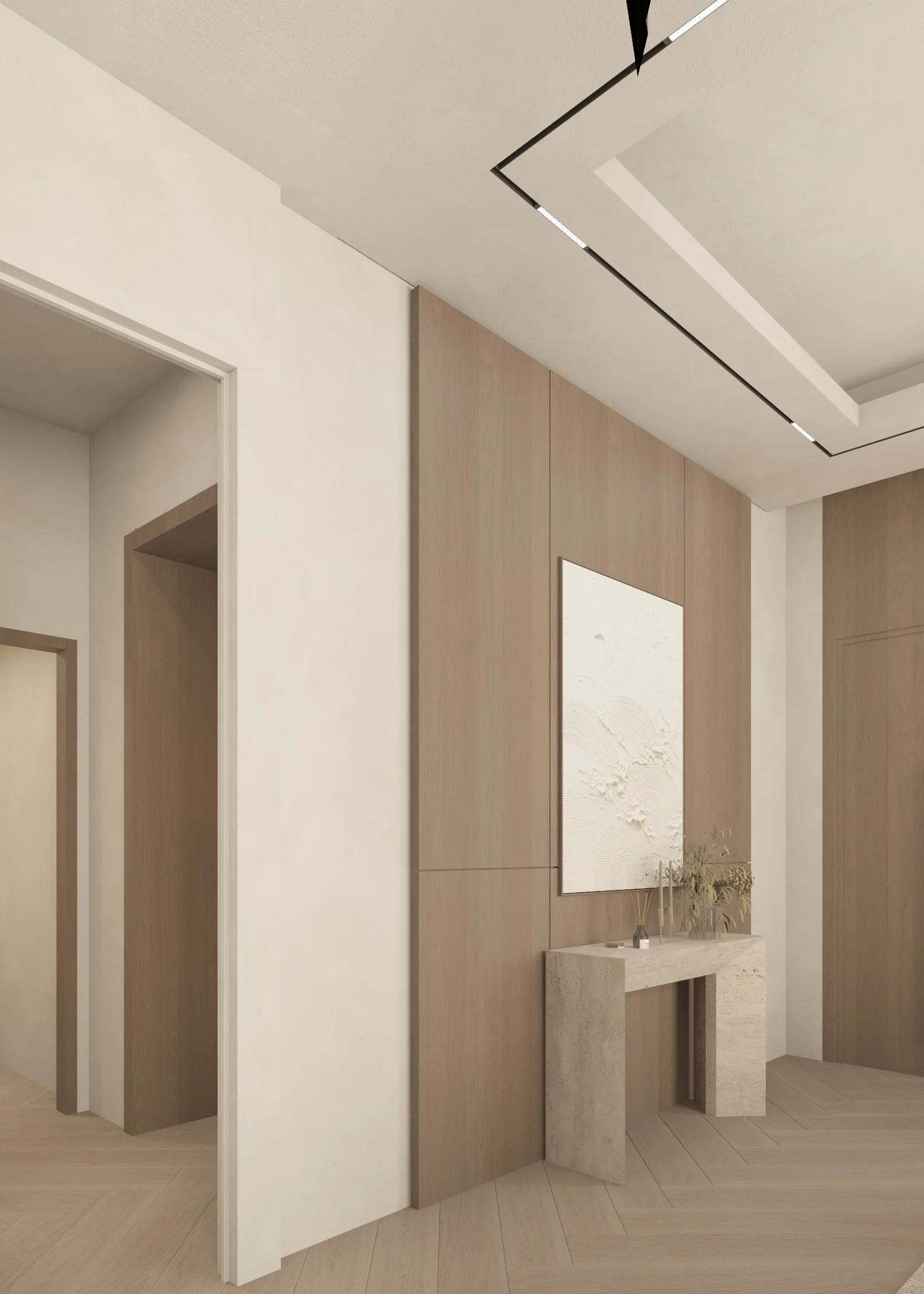 Hallway with a narrow stone-toned console, framed abstract artwork and linear ceiling lighting.
