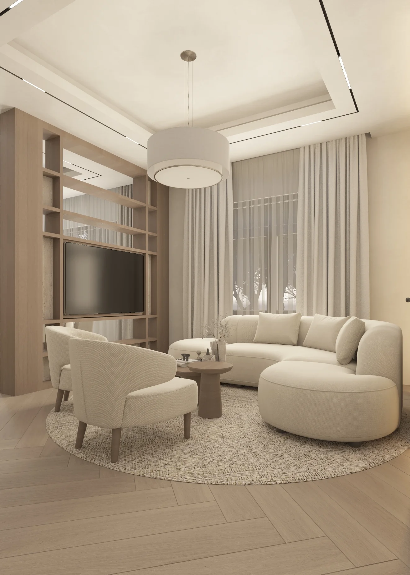 Curved lounge seating arranged around an open timber divider with an integrated television.