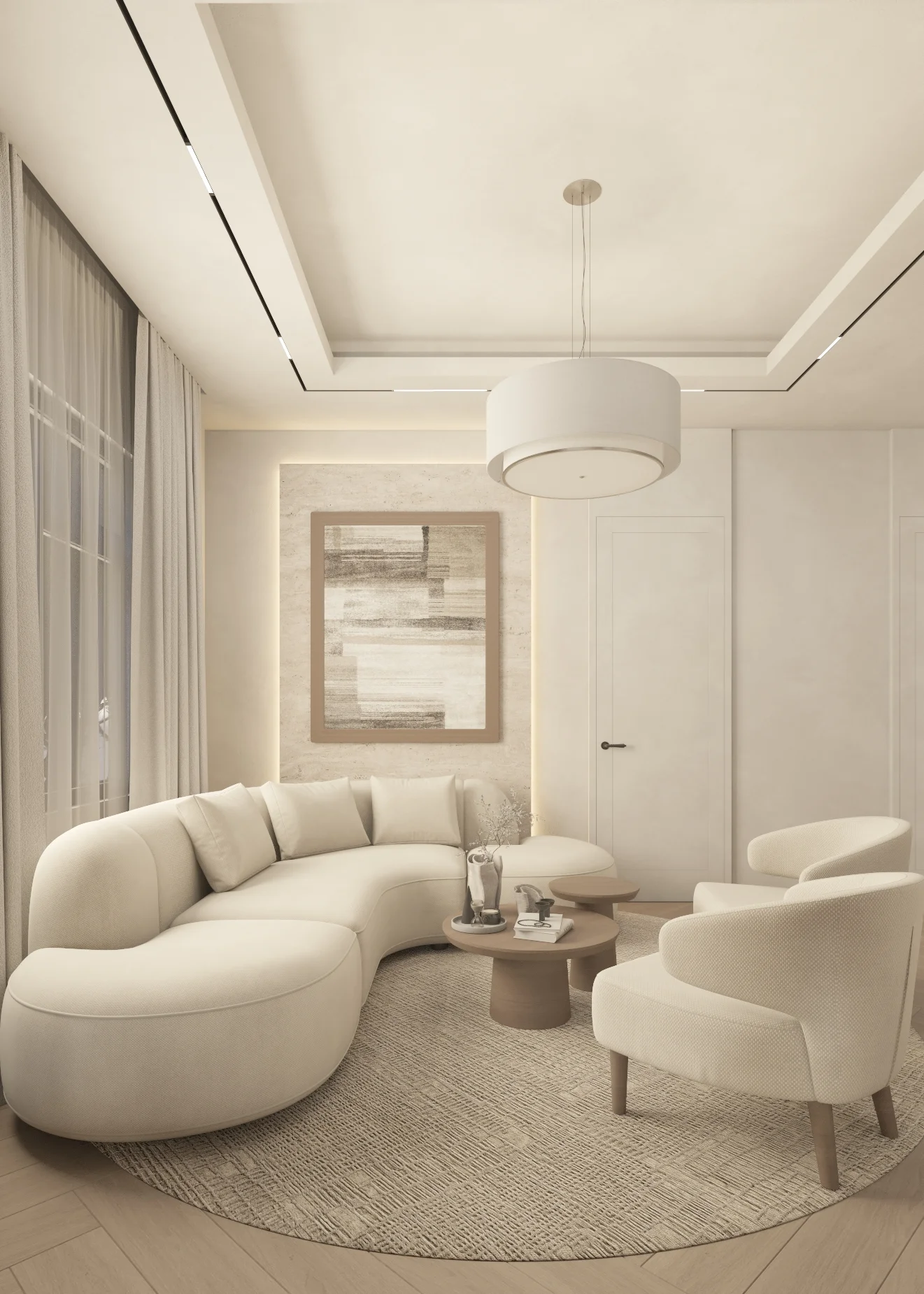 Family sitting room with a curved sofa, paired armchairs, low round tables and a softly lit ceiling.