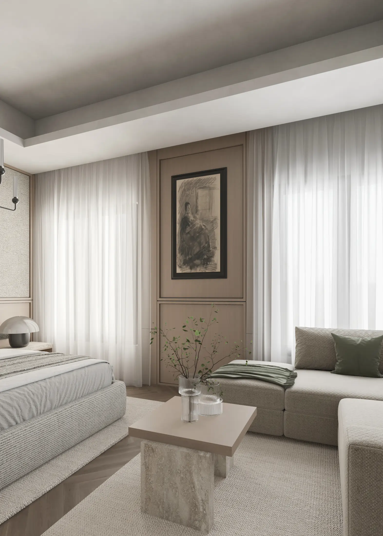 View from the bed toward a compact lounge with a settee, stools and a low stone-toned table.