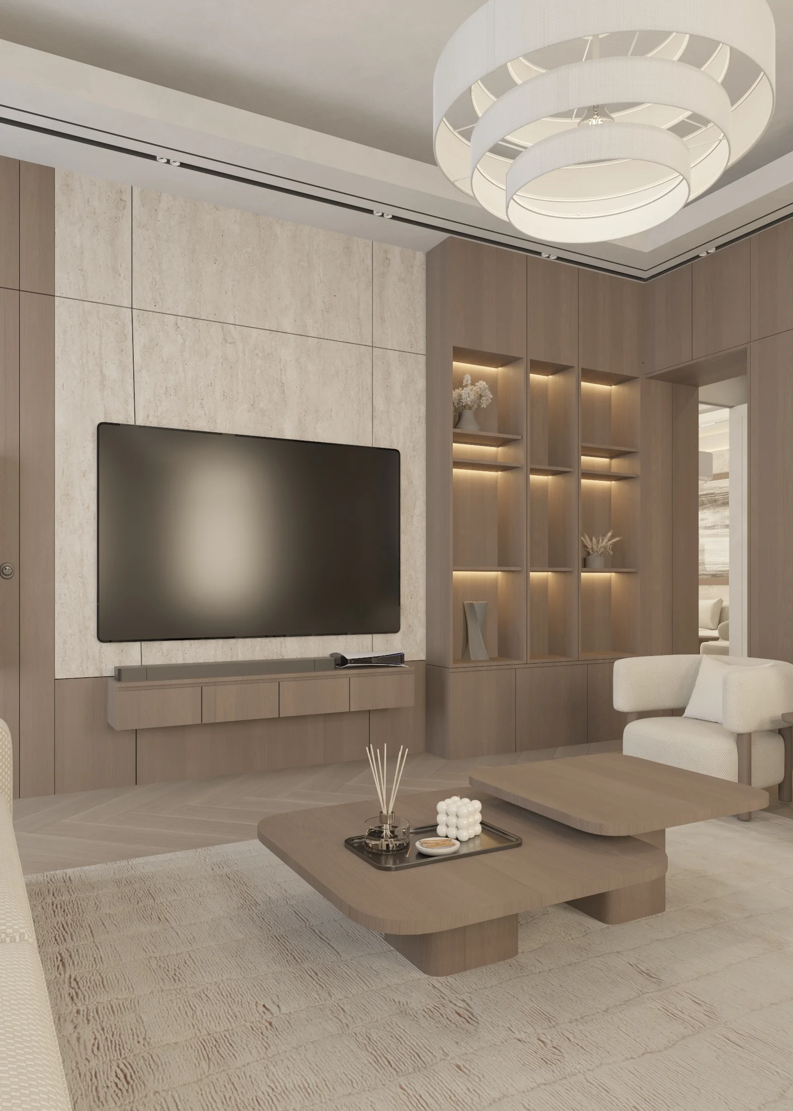 Living-room media wall with a floating console, backlit display shelves and layered low tables.