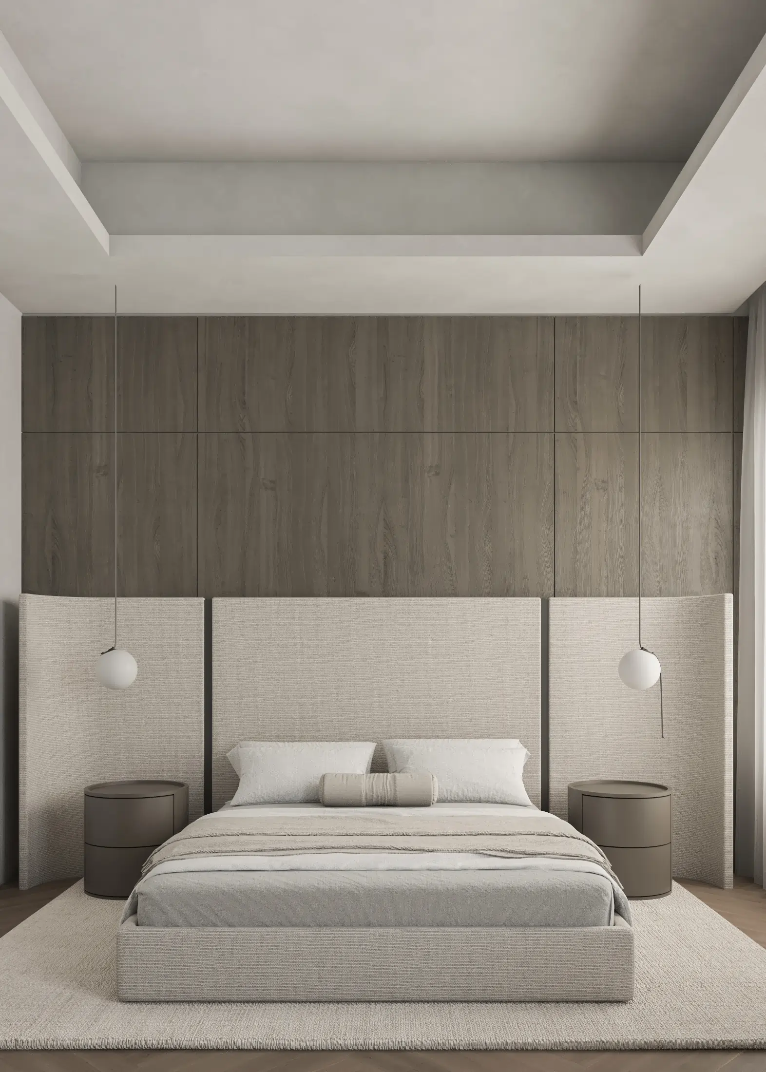 Bedroom with a full-height dark timber headboard wall, pale upholstered bed and paired pendant lights.