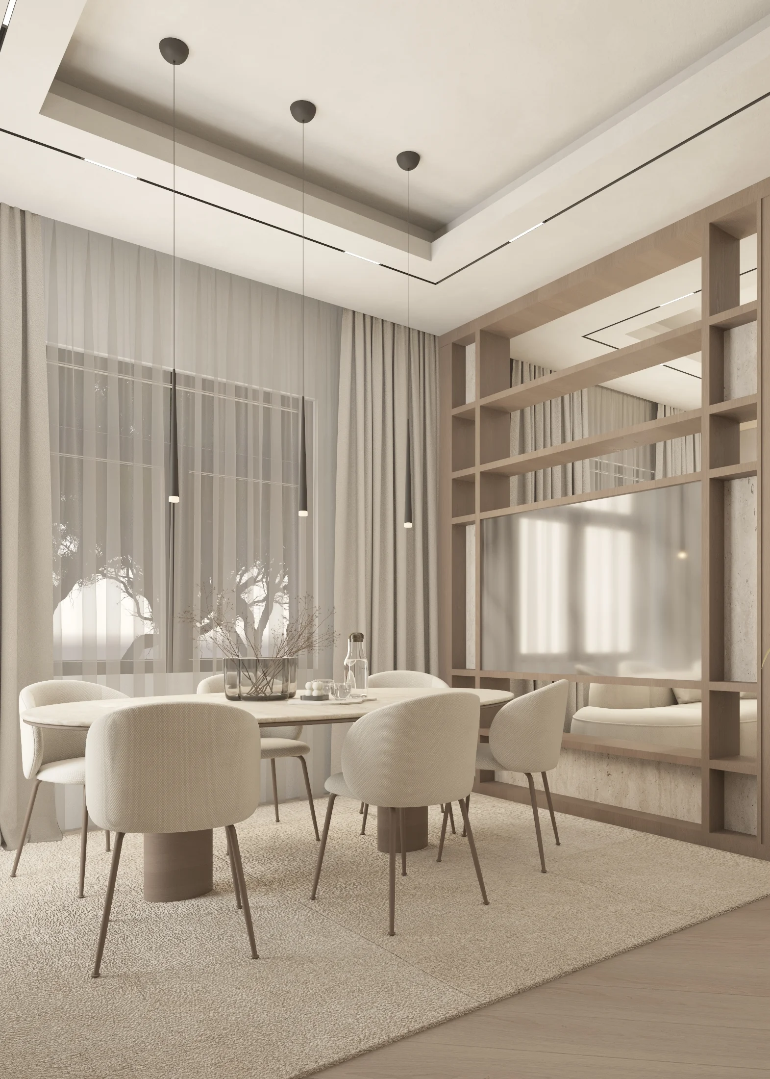 Dining table and pale upholstered chairs beside an open timber divider and full-height curtains.
