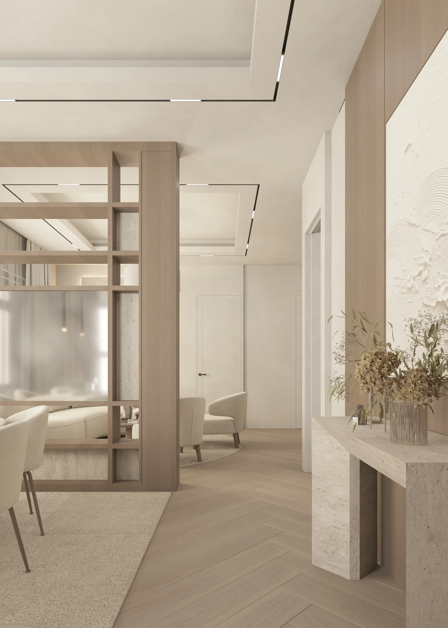 Pale stone-toned console framing a view through timber screens toward the dining area.