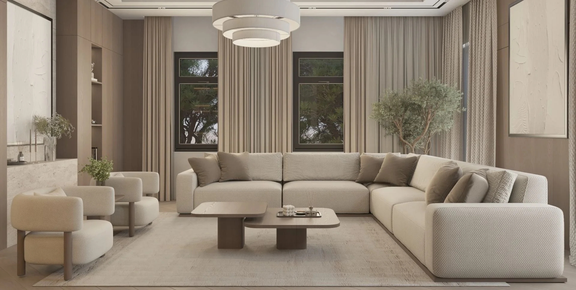 Al Yasmeen Villa main salon with expansive sectional seating and layered ceiling light