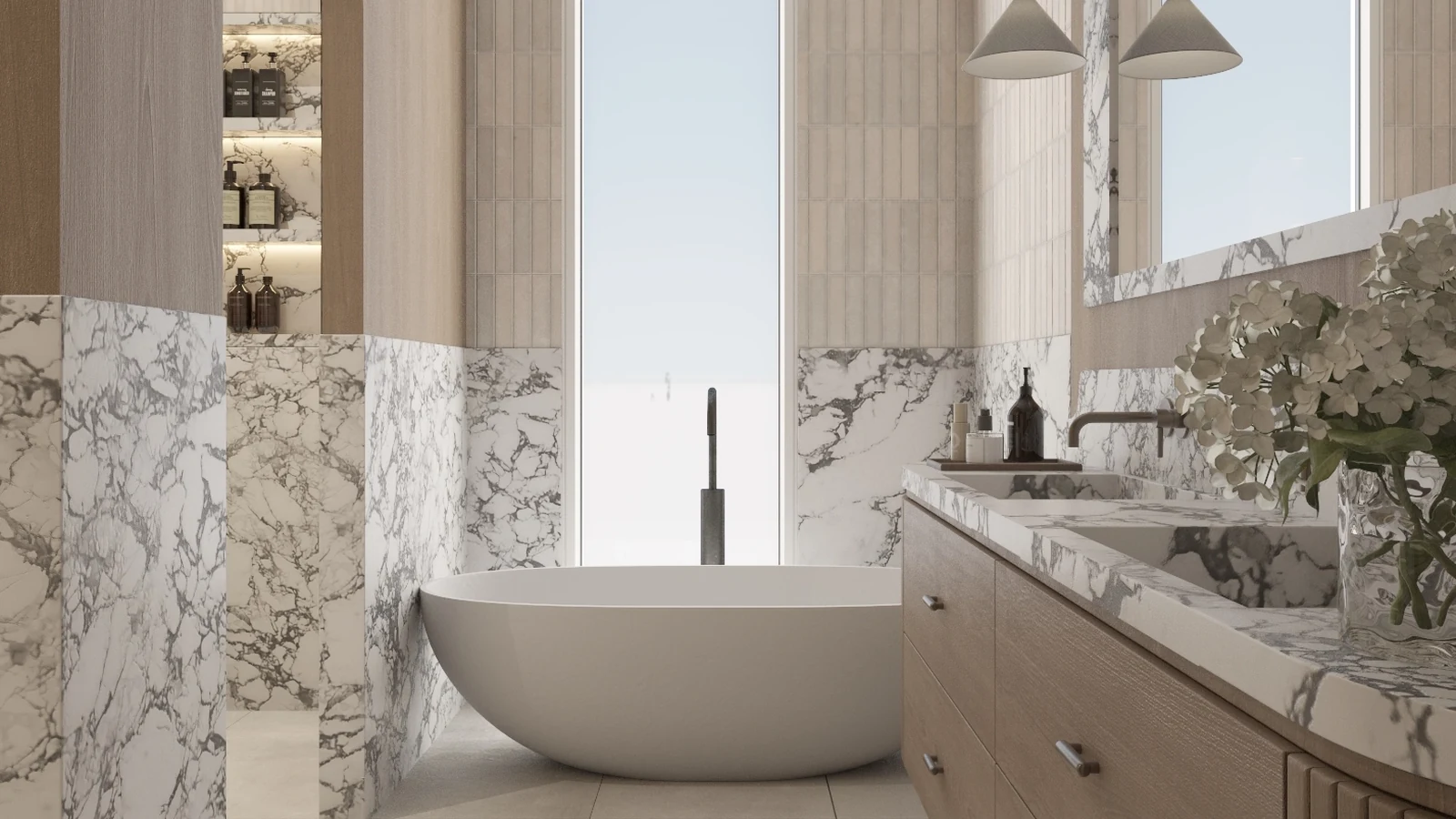Al Riyad City master bathroom with a freestanding bath, marble surfaces and timber vanity