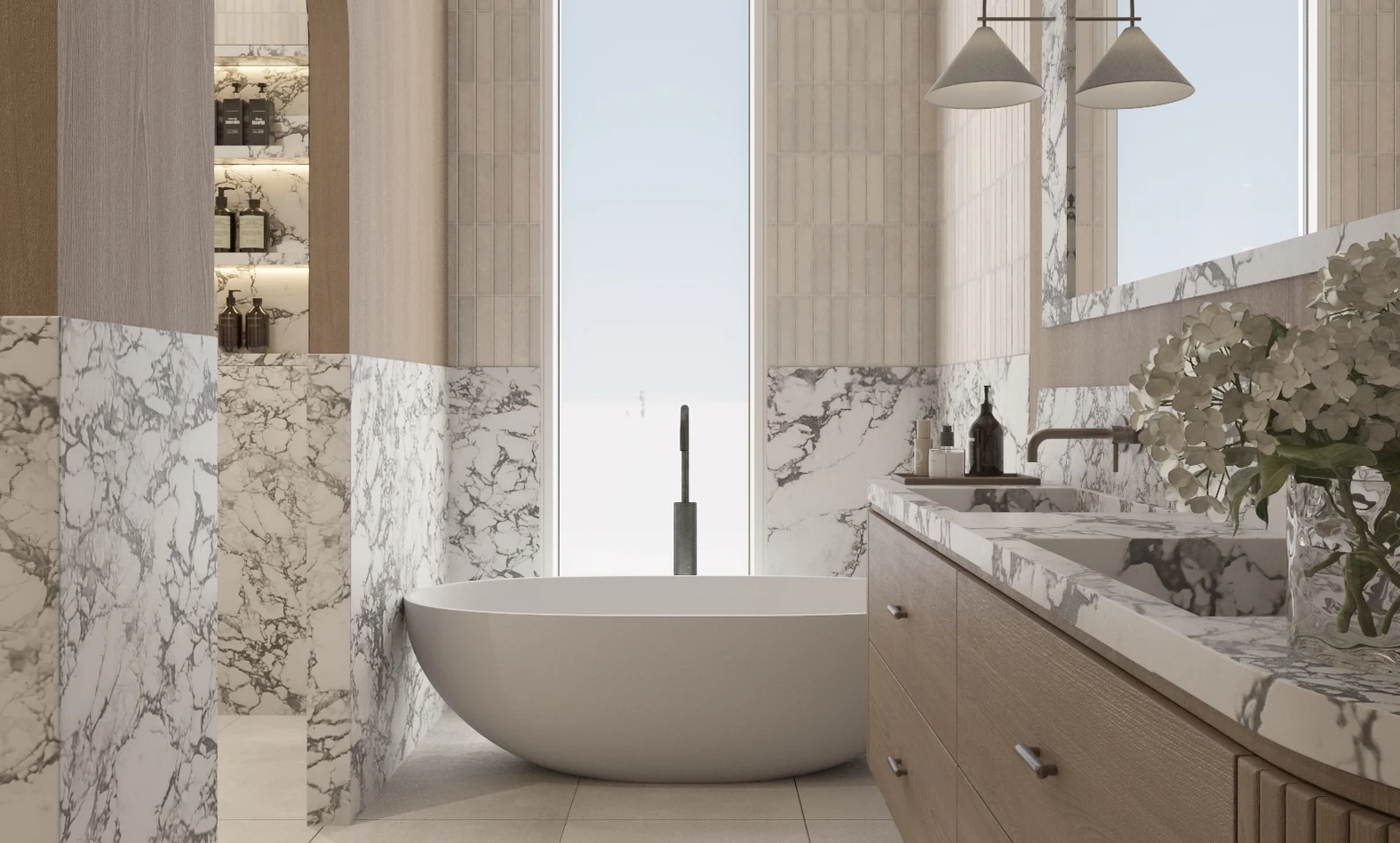 Al Riyad City master bathroom with freestanding bath and marble surfaces