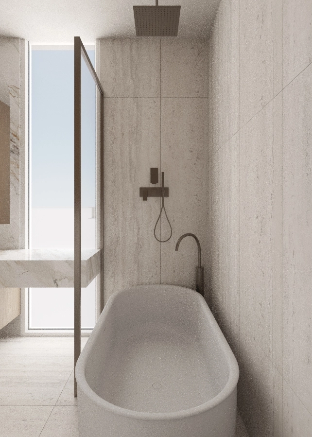 Close view of the freestanding bath beside the glazed shower enclosure