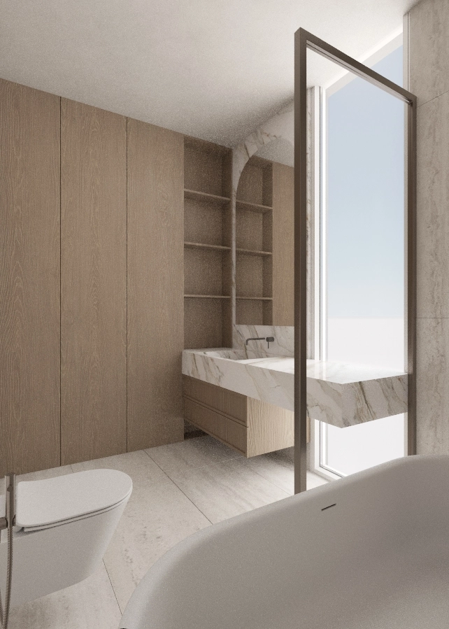 Bath edge overlooking the floating vanity and open timber shelving