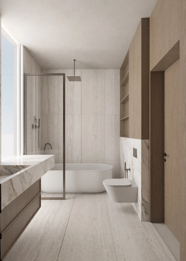 Long view through the first-floor bathroom with vanity, bath and toilet aligned