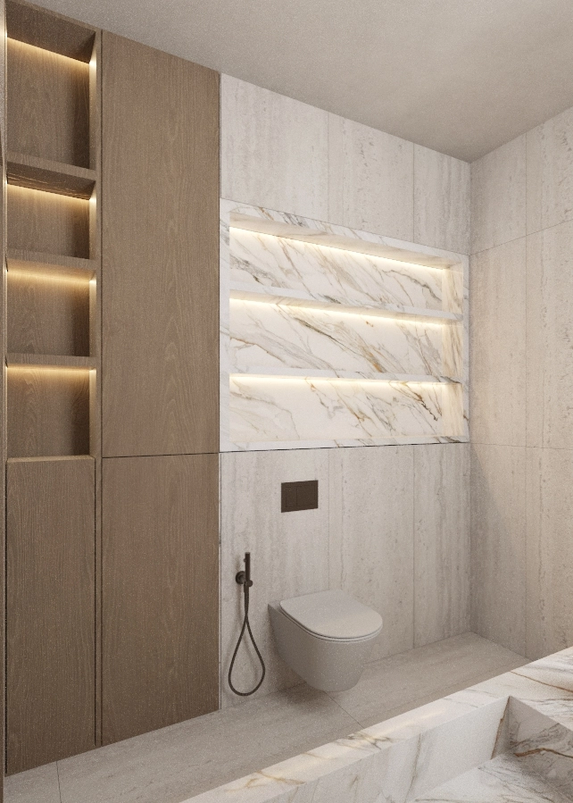 Illuminated marble shelf wall beside the toilet and full-height timber cabinet