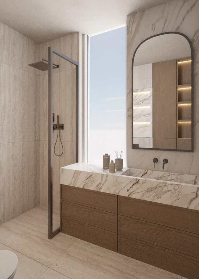 Black-framed shower screen beside a timber vanity and arched mirror
