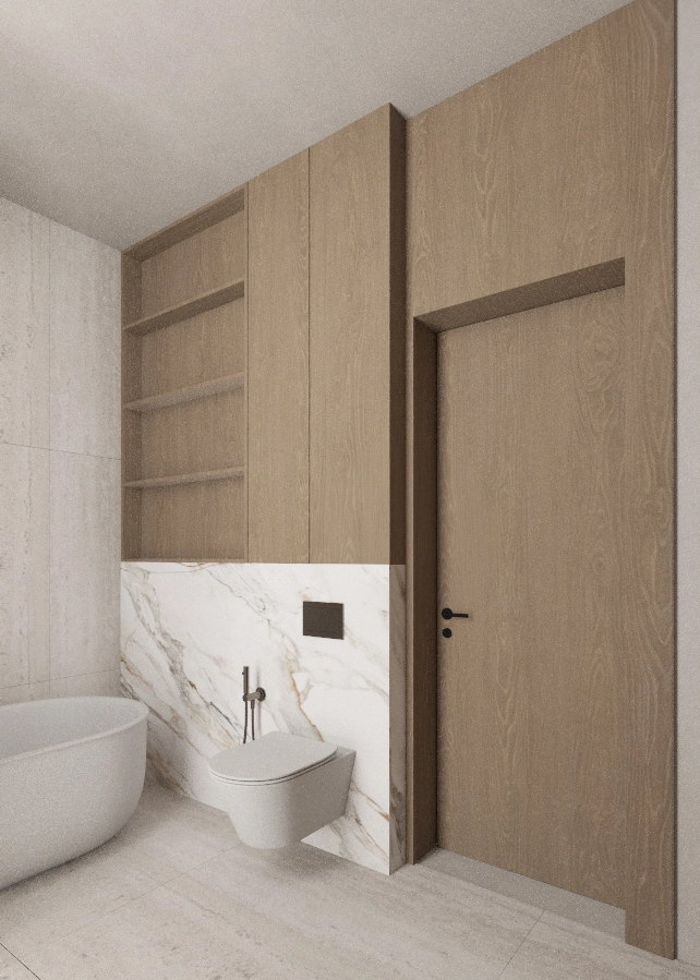 Wall-mounted toilet beside built-in timber storage and marble wall panels