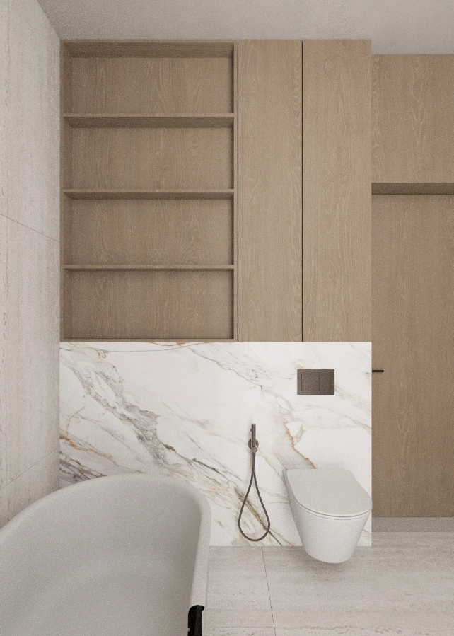 Toilet wall with pale timber shelving, marble lining and integrated hand shower