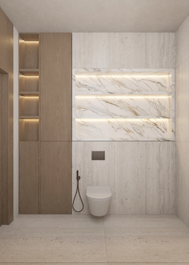Wall-mounted toilet beneath illuminated marble niches and open timber shelving