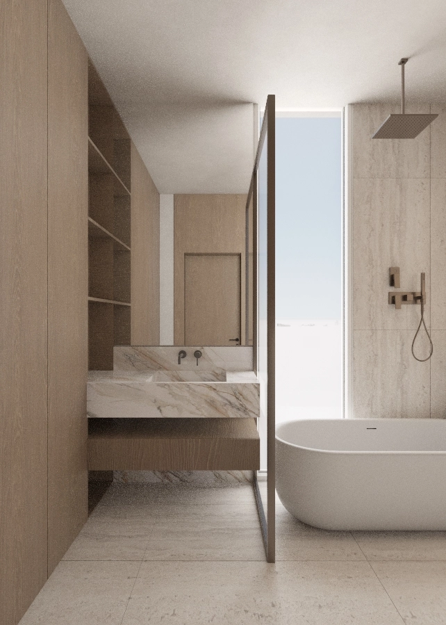 Floating vanity and freestanding bath divided by a slim black-framed glass screen