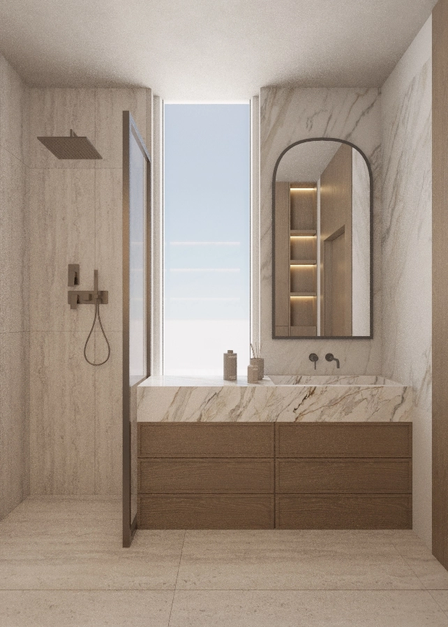 Timber vanity with marble counter, arched mirror and softly lit display shelves