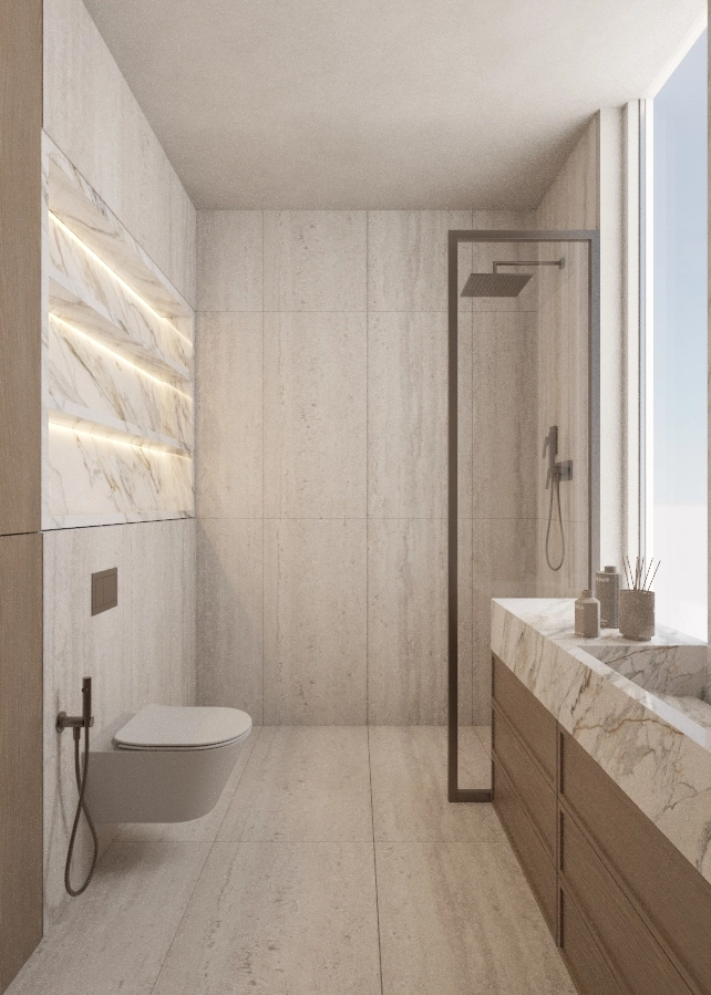 Side view along the timber vanity toward the marble niche wall and shower