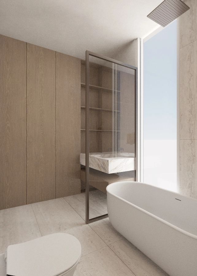 Floating marble washbasin vanity set into full-height pale timber storage