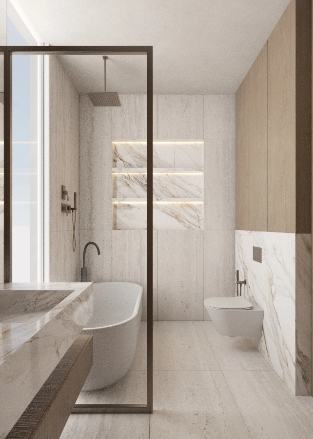 First-floor bathroom with a freestanding bath, pale timber vanity and black-framed shower screen
