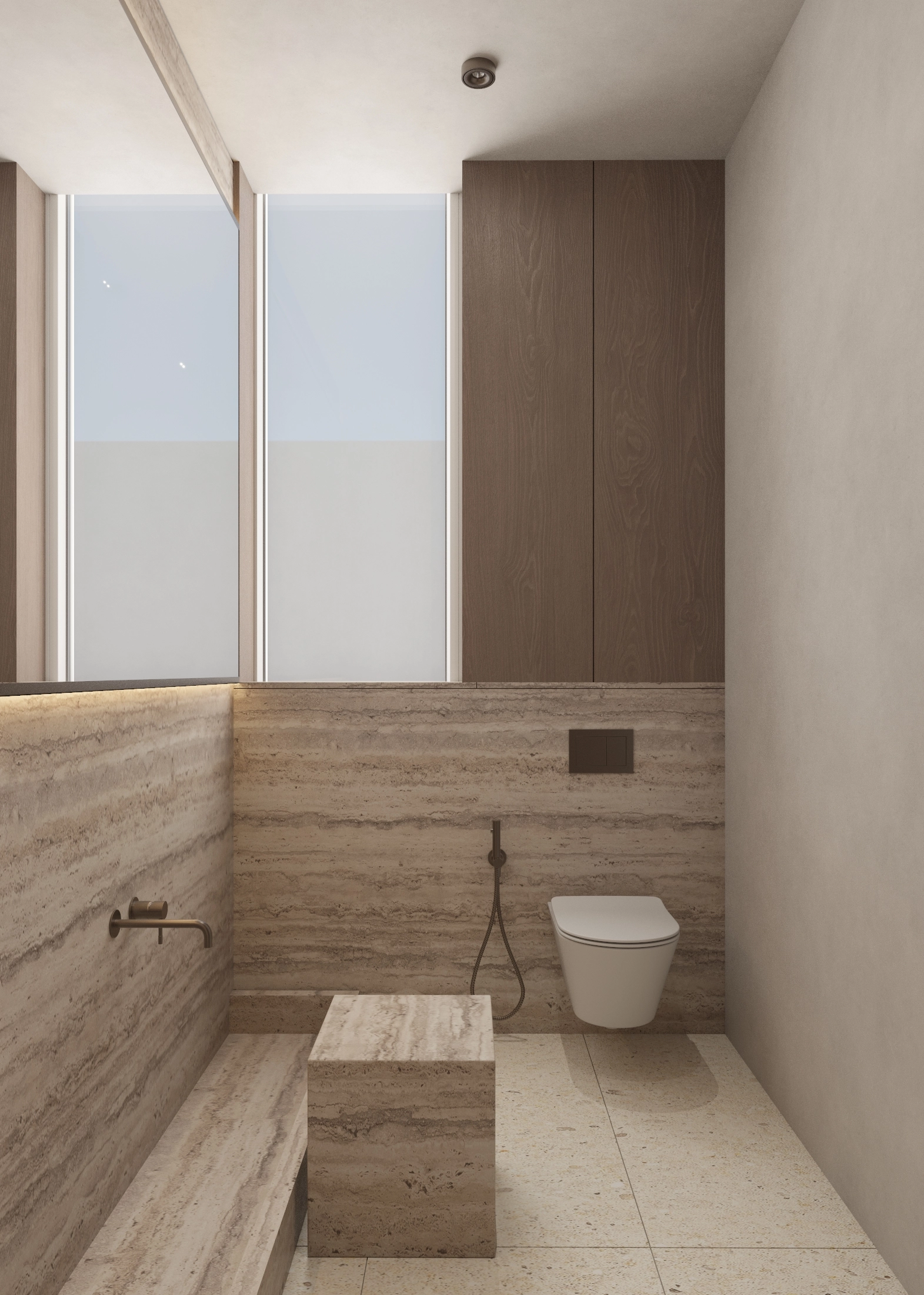 Stone bath and wall-mounted toilet beside a tall bathroom window