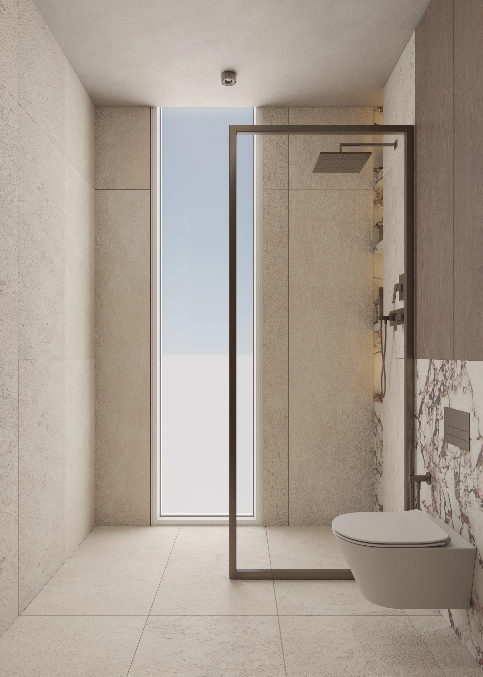 Alternate entrance view toward the glass shower and toilet