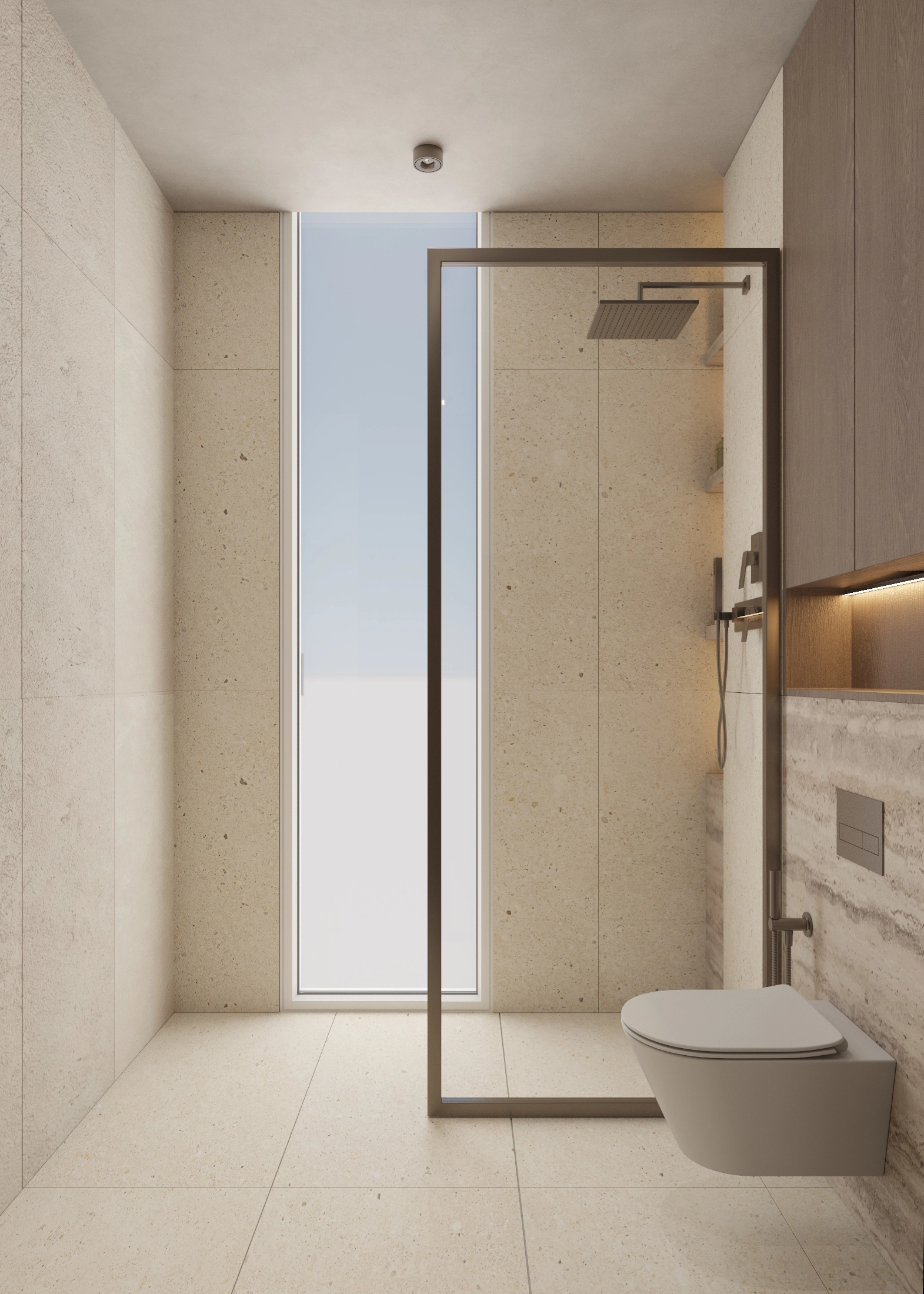 Daylit bathroom entrance with glass shower and wall-mounted toilet