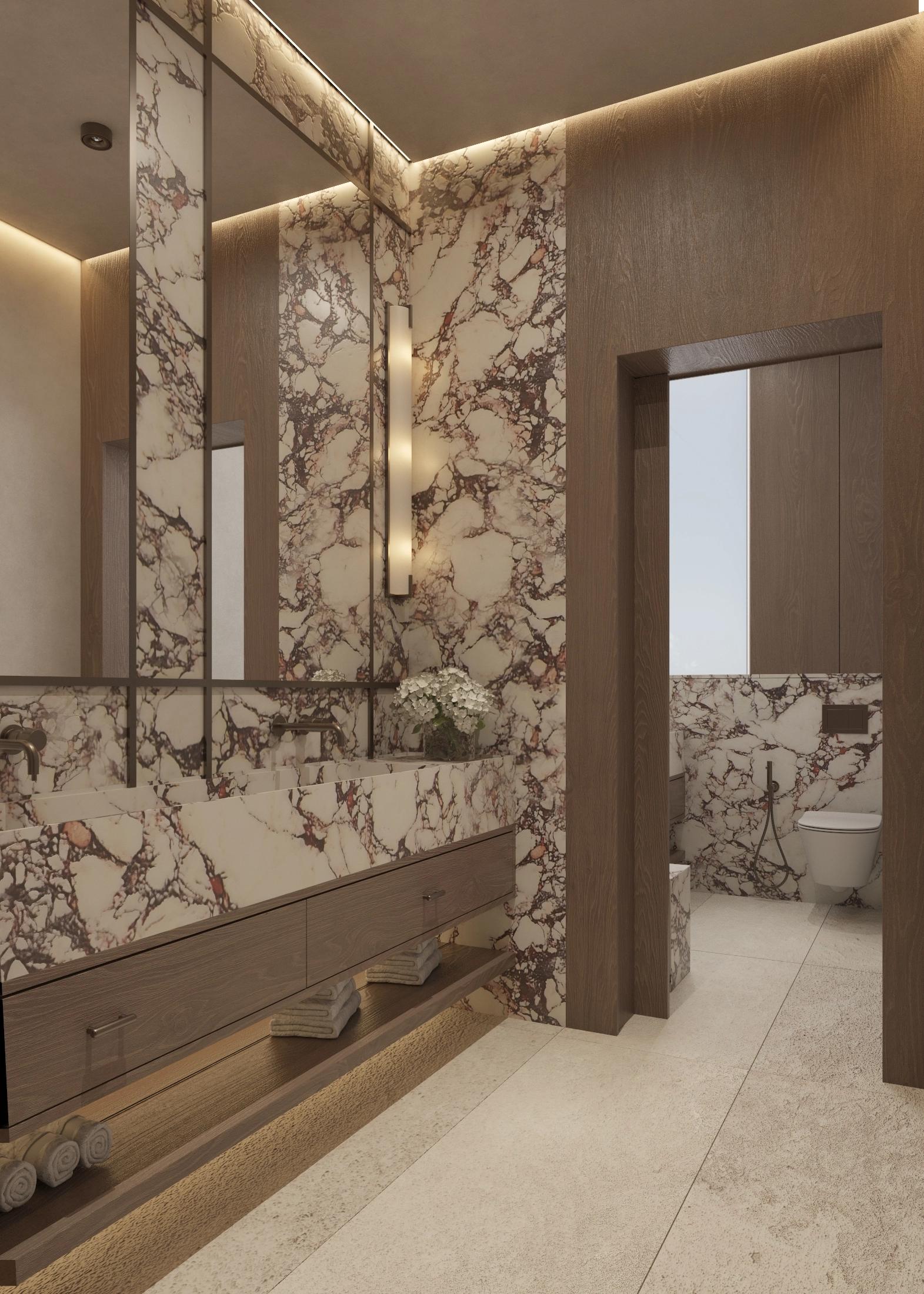 Expressive marble vanity wall with long mirror, timber drawers and vertical light