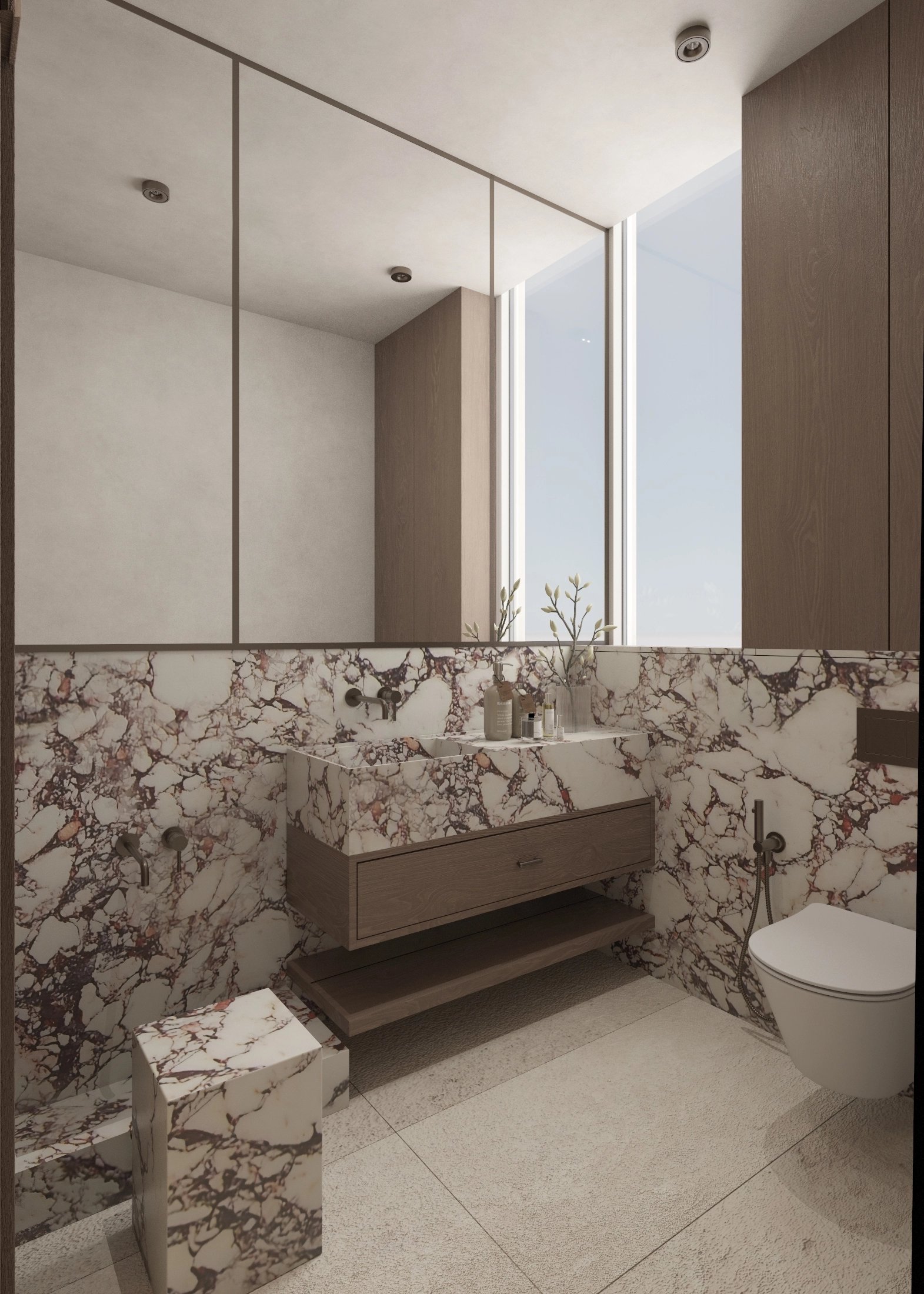 Marble washbasin ledge and timber shelf facing the wall-mounted toilet