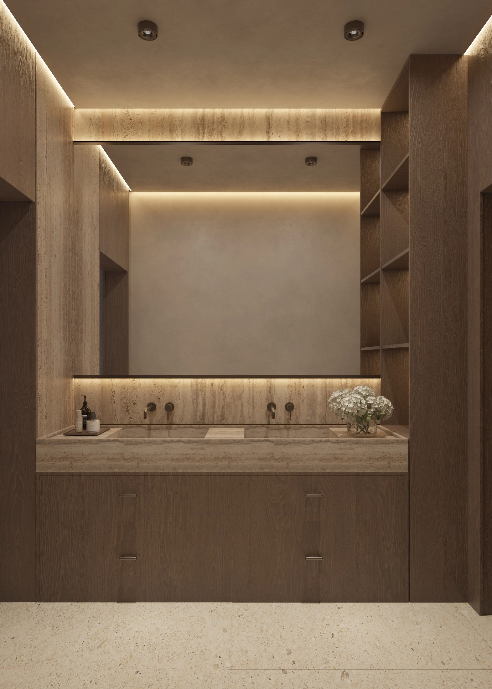 Front view of a long timber vanity beneath a full-width illuminated mirror