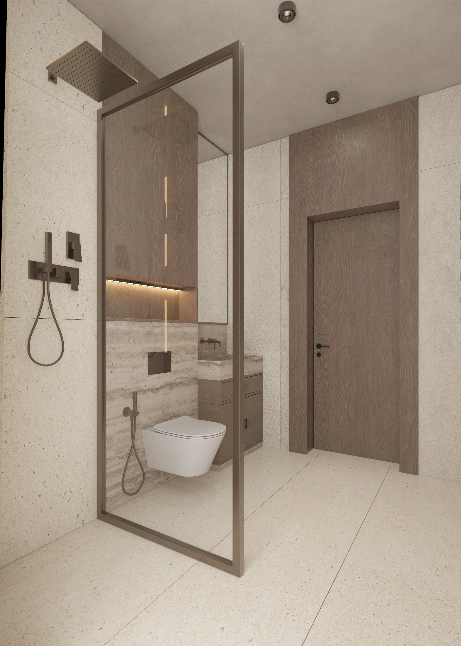 Glass shower screen framing a wall-mounted toilet and timber storage