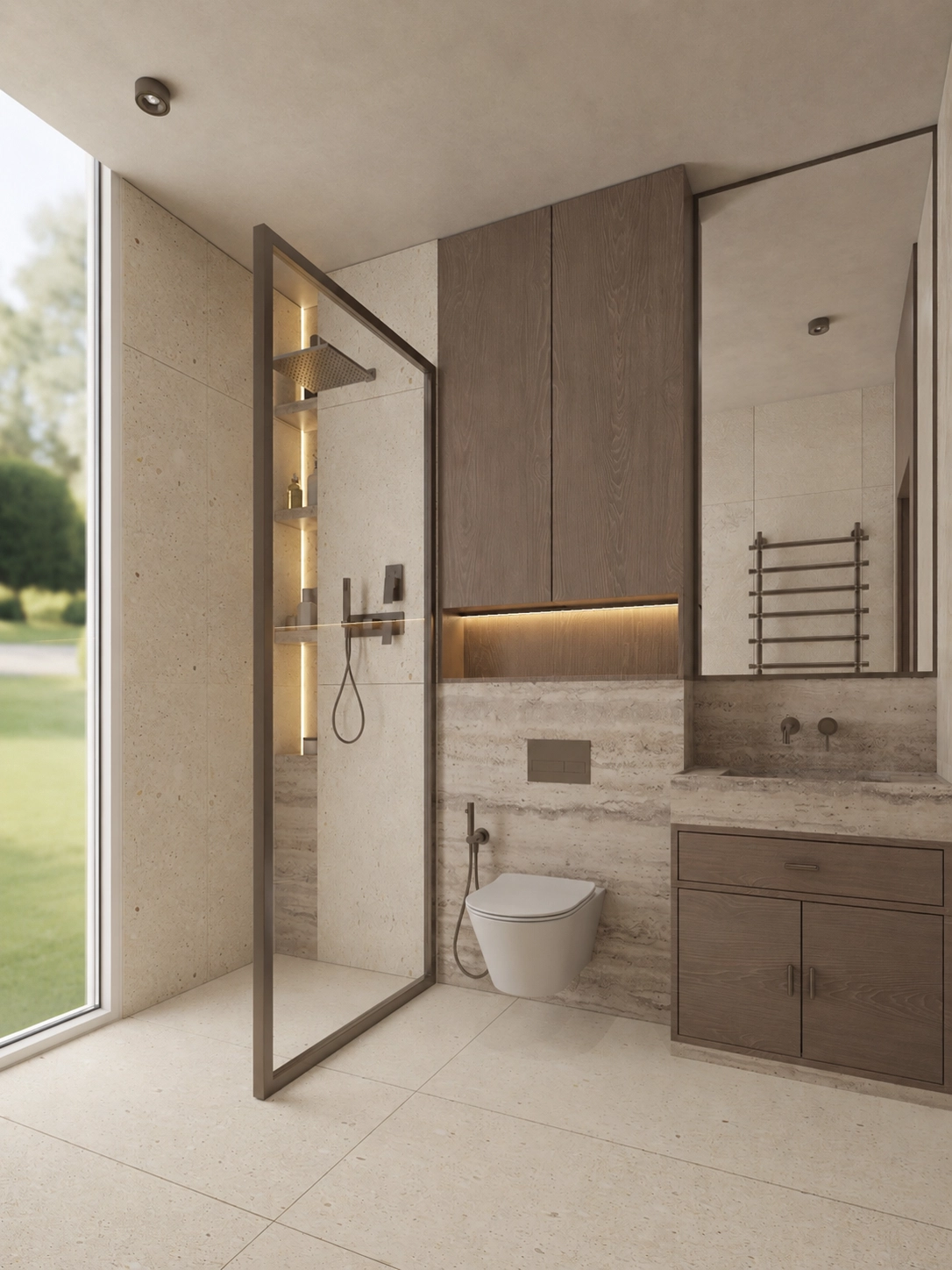 Daylit shower and vanity composition with marble wall panel and timber cabinetry