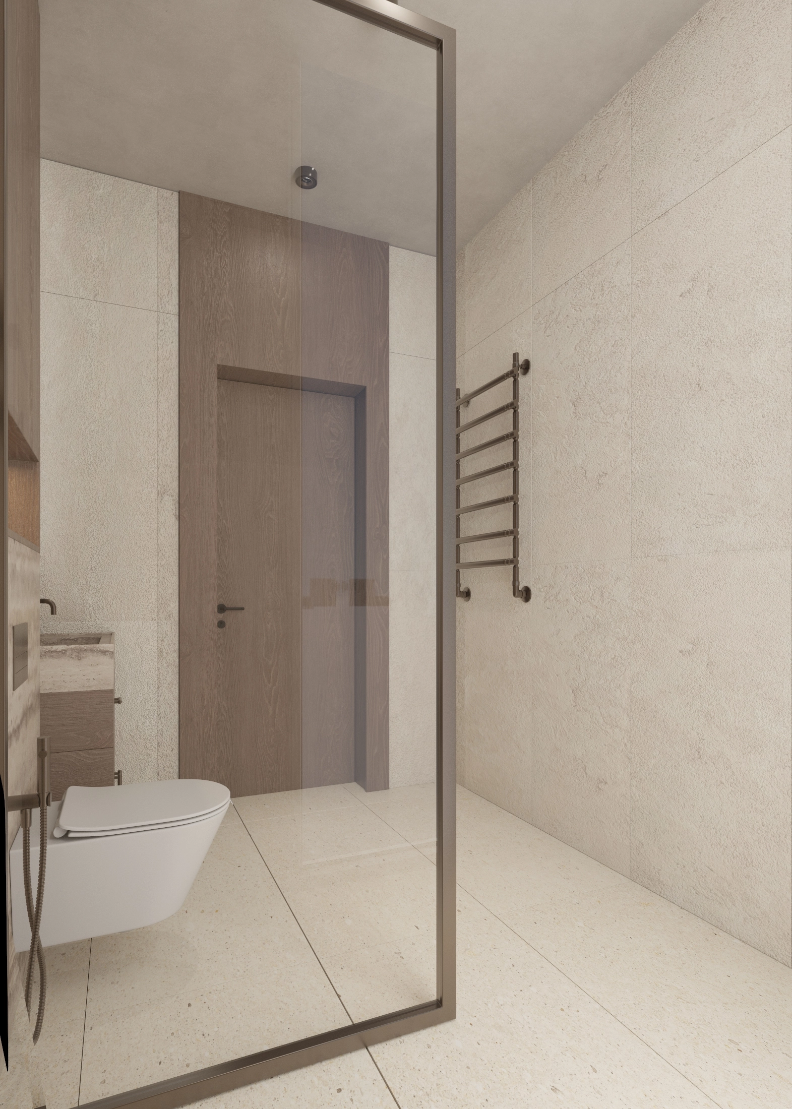 Alternate view across the pale stone shower enclosure and towel warmer