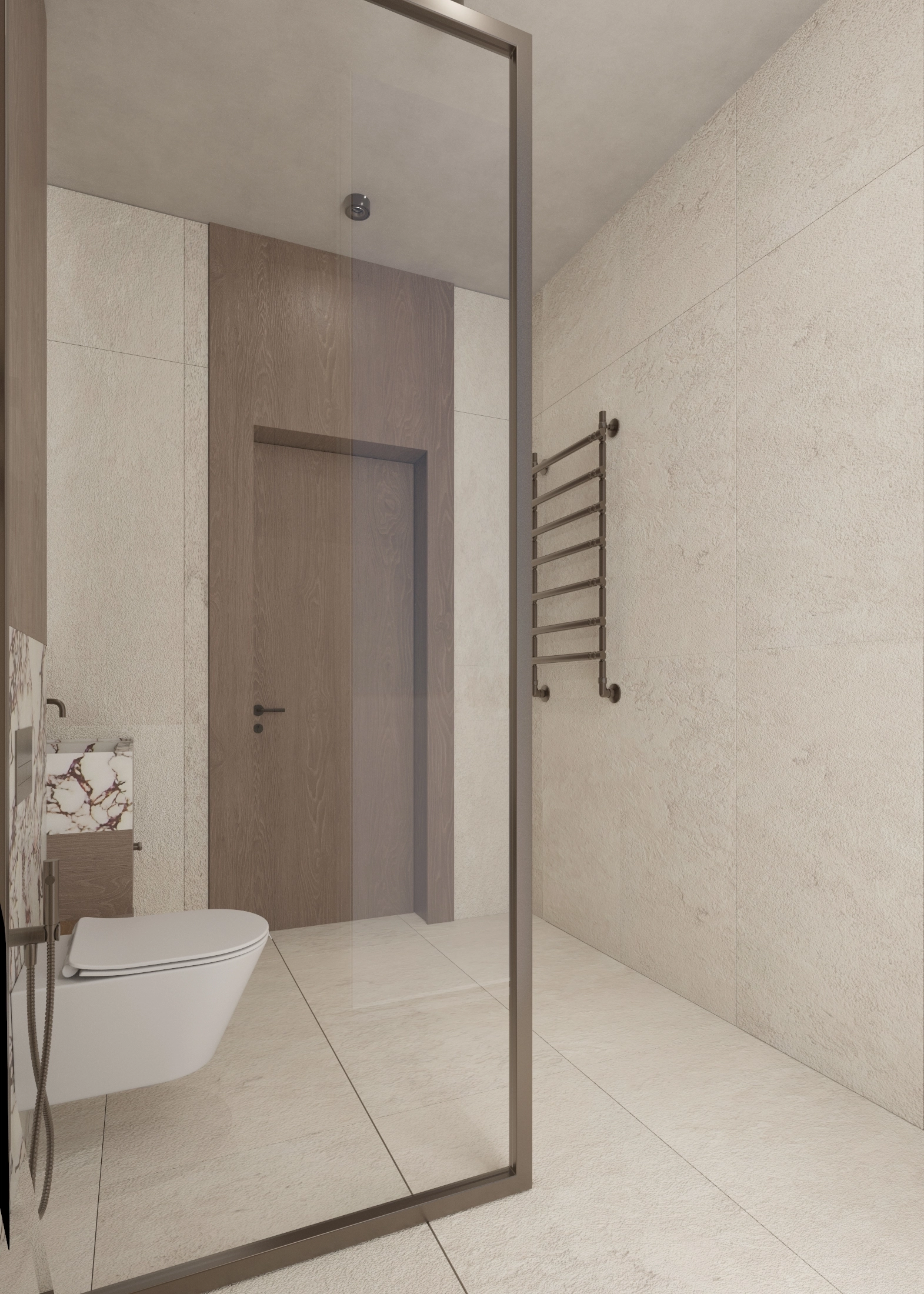 Pale stone shower enclosure with black frame and wall-mounted towel warmer