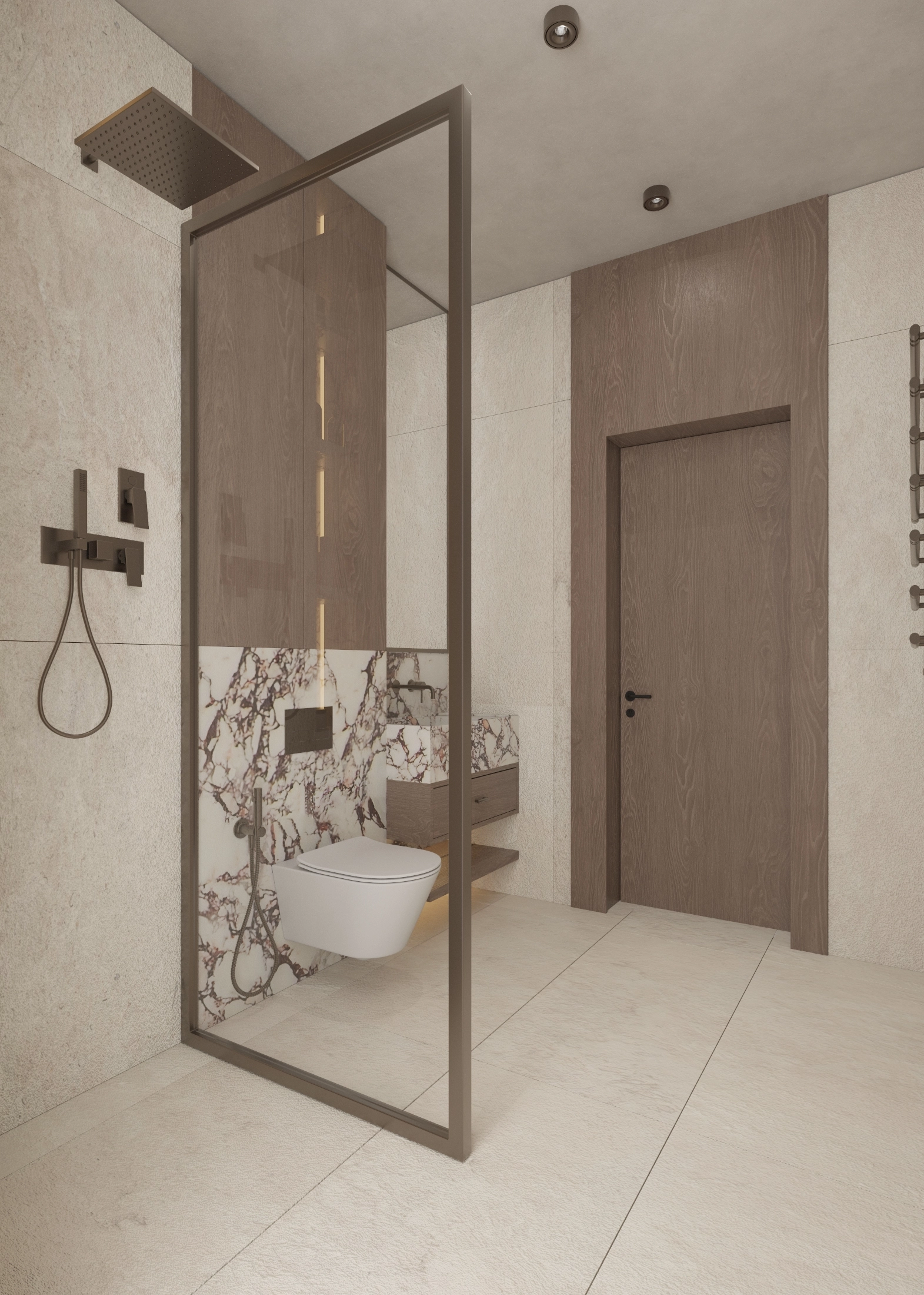 Walk-in shower enclosure beside the toilet and timber bathroom door