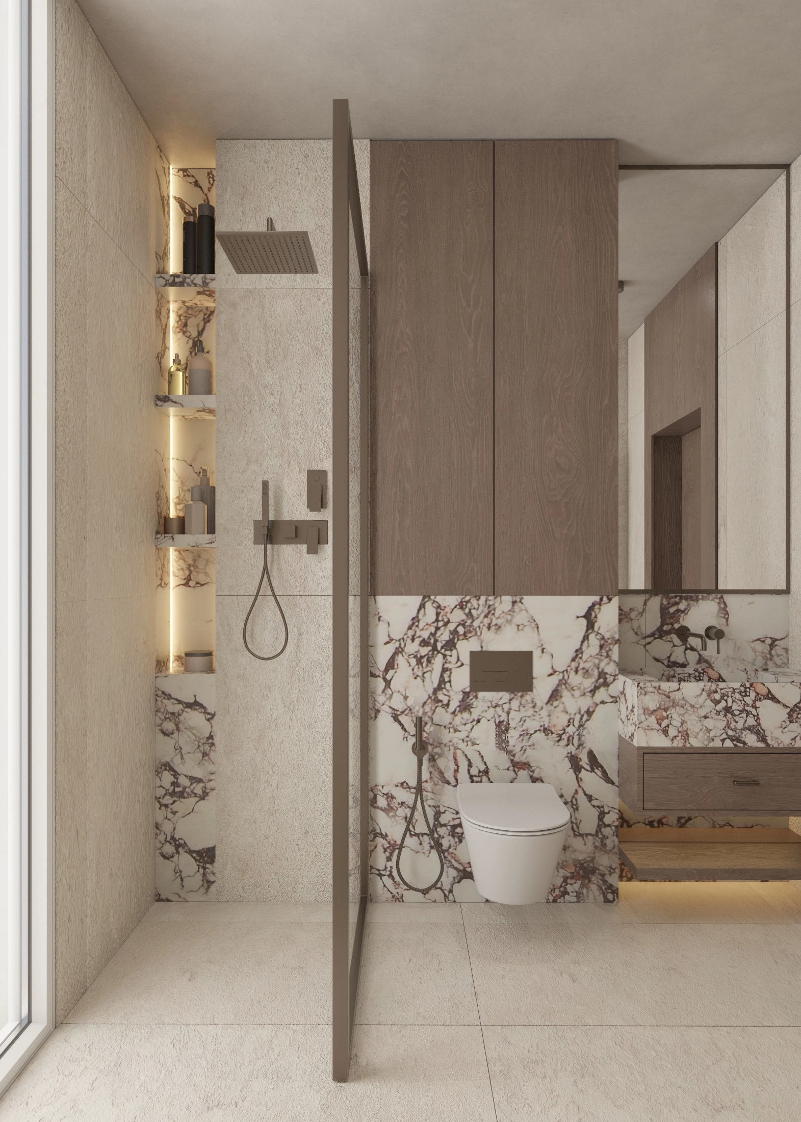 Glass shower screen facing a timber vanity with lit shelving and marble counter