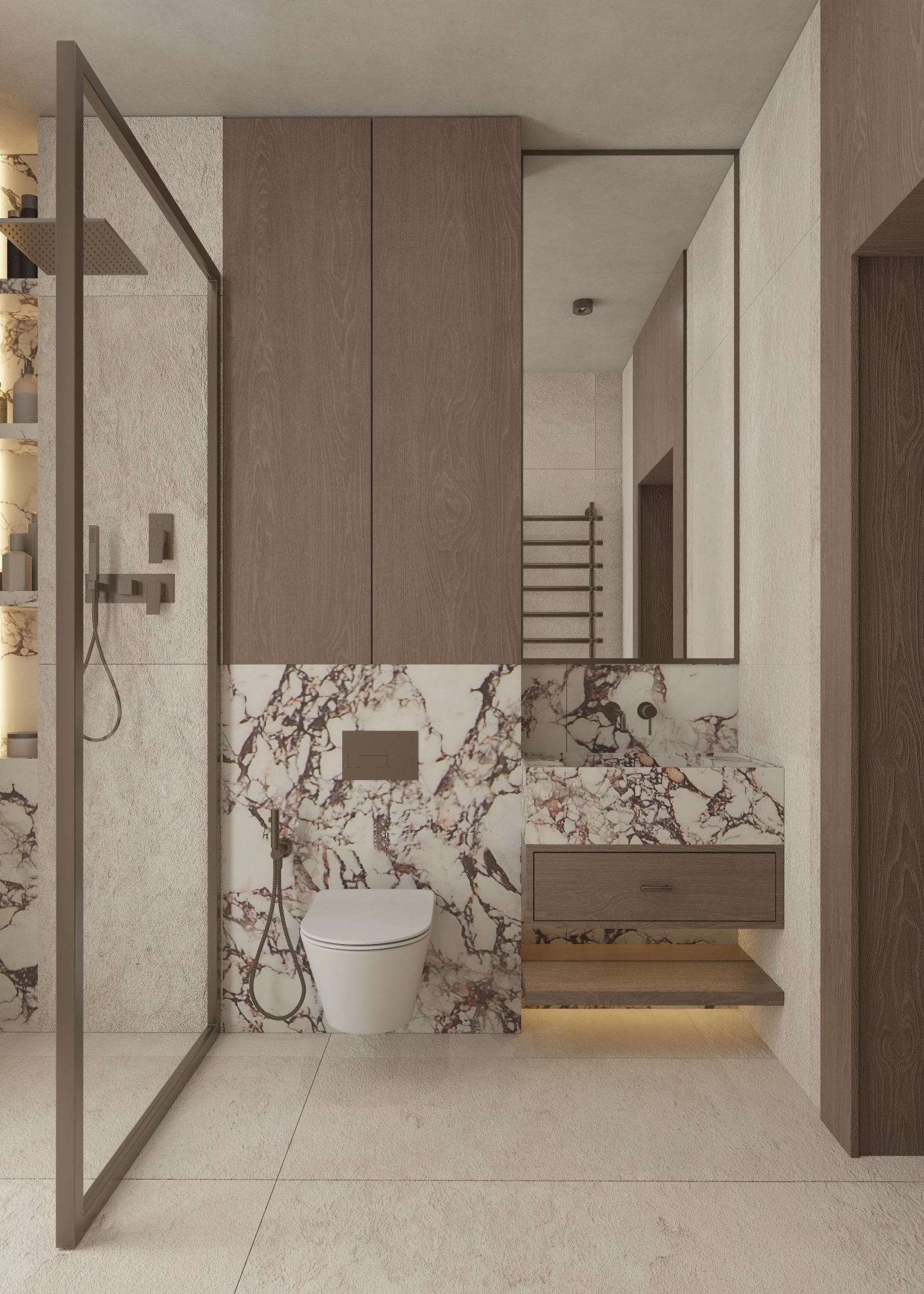Alternate shower view with marble splashback, timber vanity and toilet