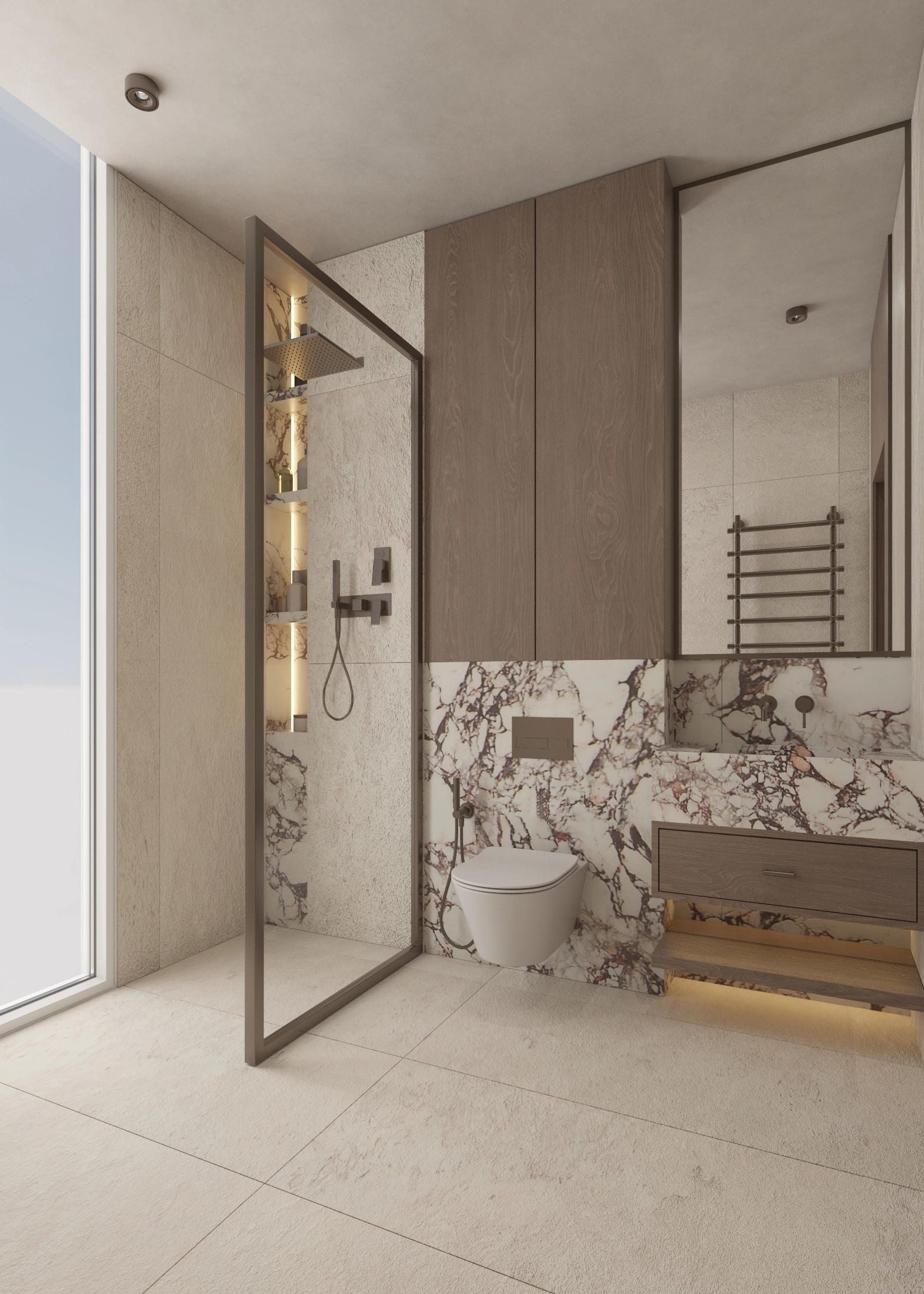 Ground-floor bathroom with glass shower, marble splashback and timber vanity