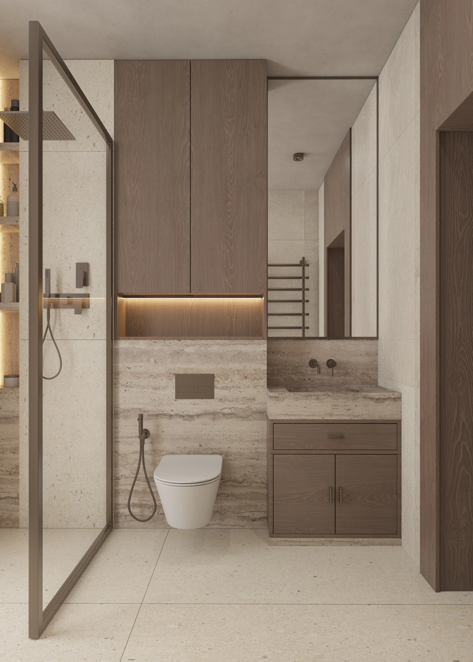 Side view of the timber vanity and toilet through the shower screen