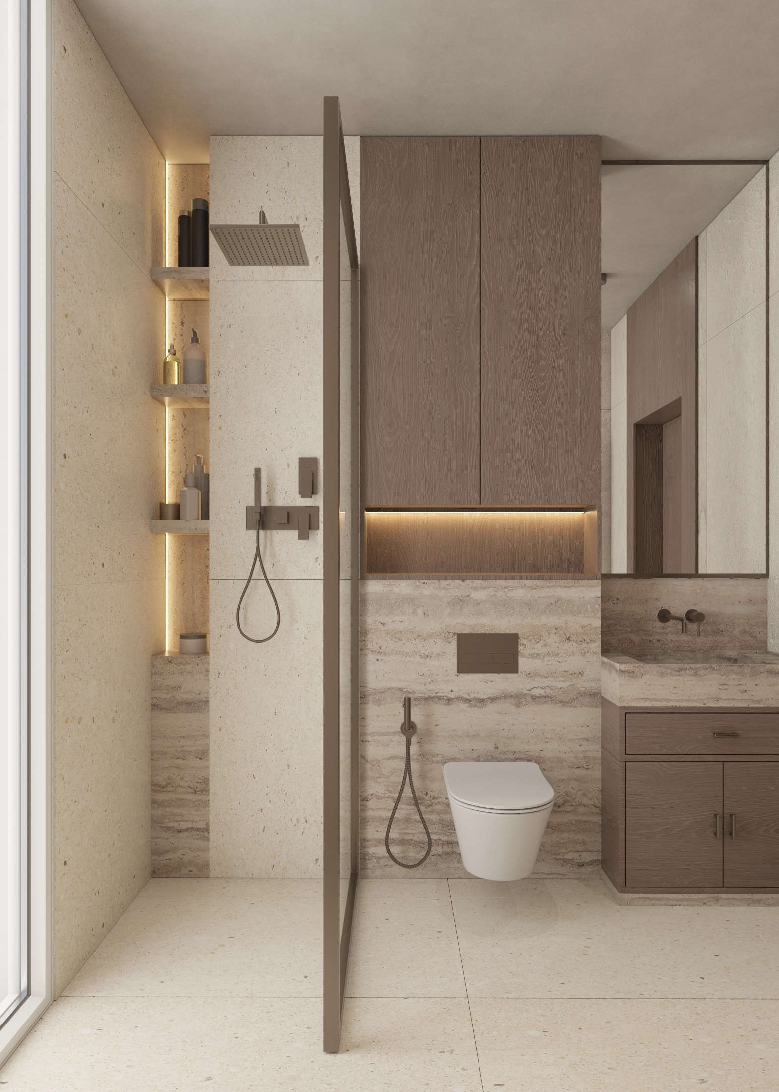 Timber vanity with concealed lighting, mirrored cabinets and shower beyond