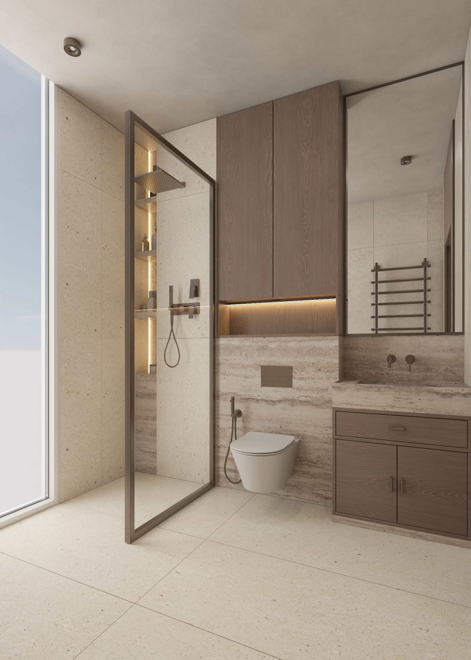 Wide view of a timber vanity, wall-mounted toilet and glass shower screen