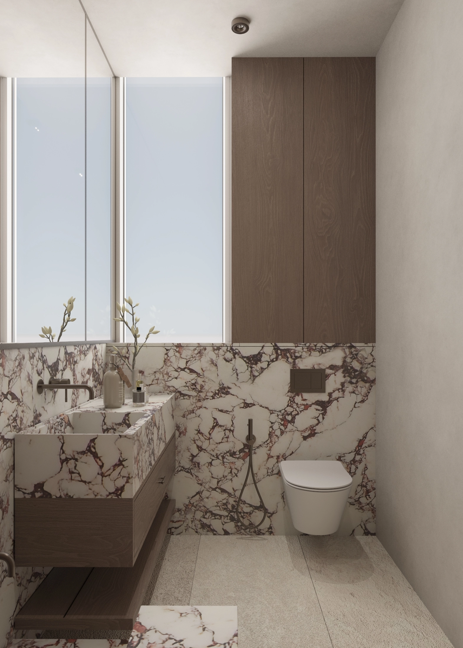 Wall-mounted toilet below a tall window and full-height timber cabinet