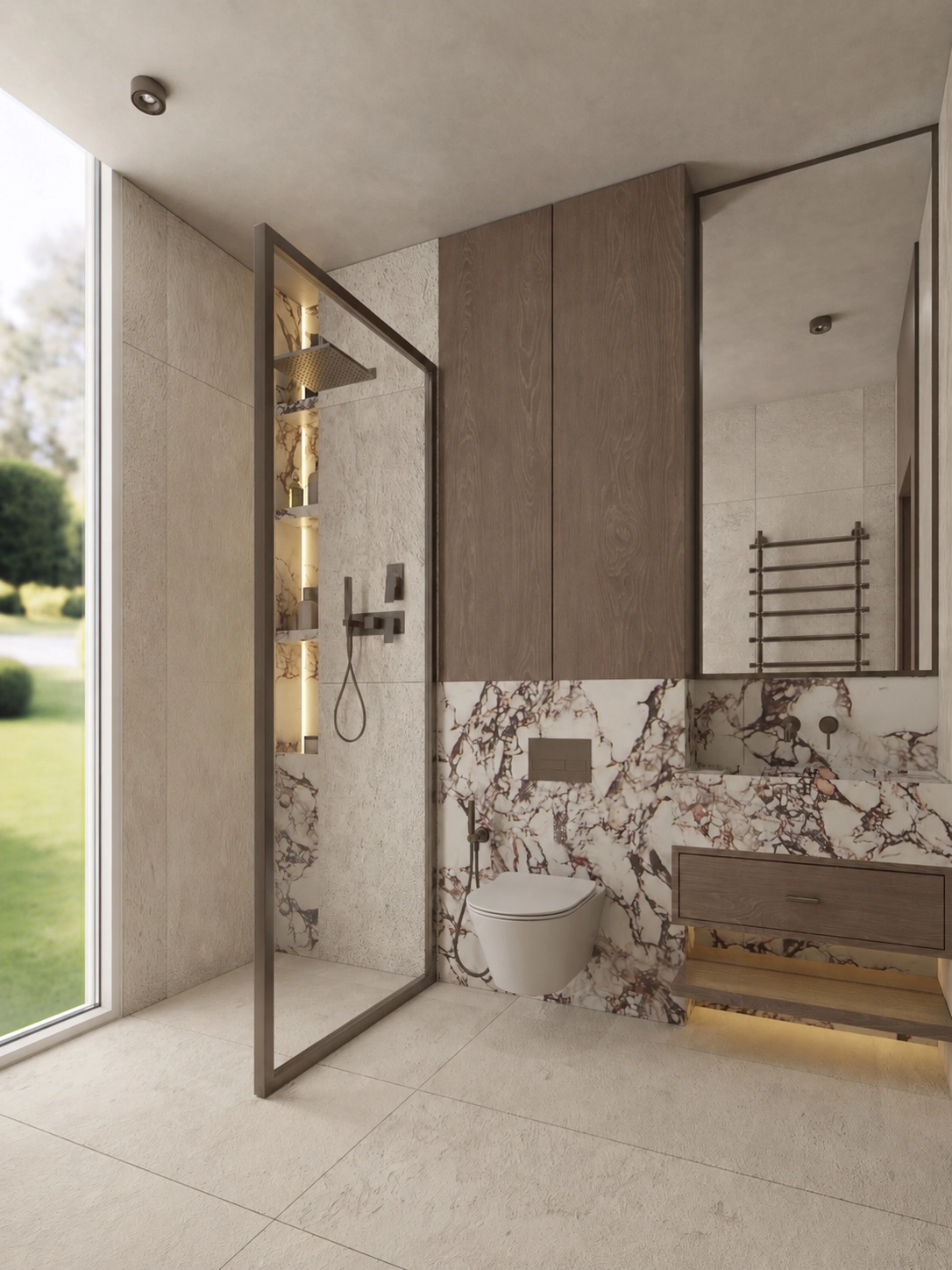 Daylit timber vanity, shower screen and marble splashback viewed from the window
