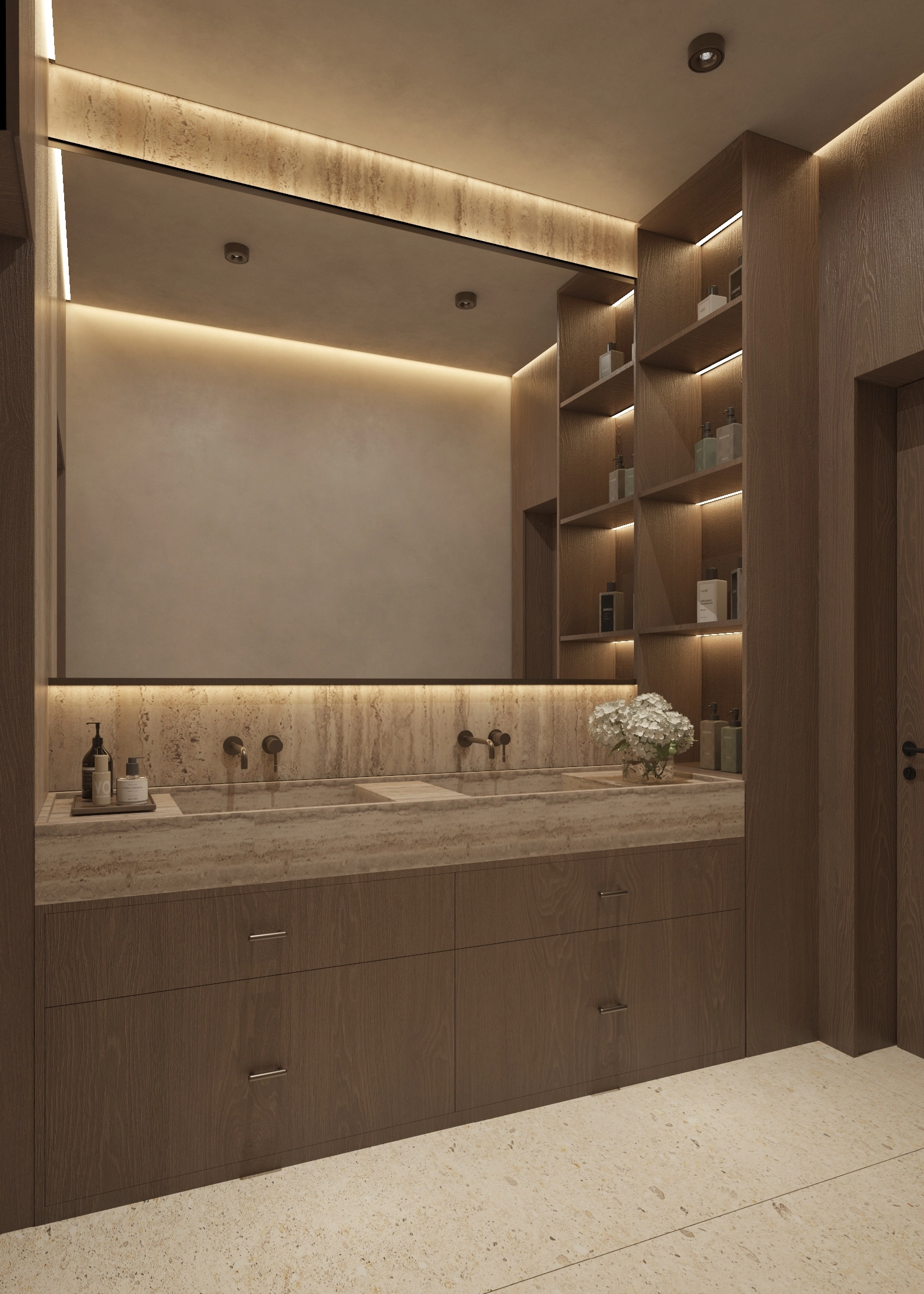 Timber vanity and display shelving edged with warm concealed lighting